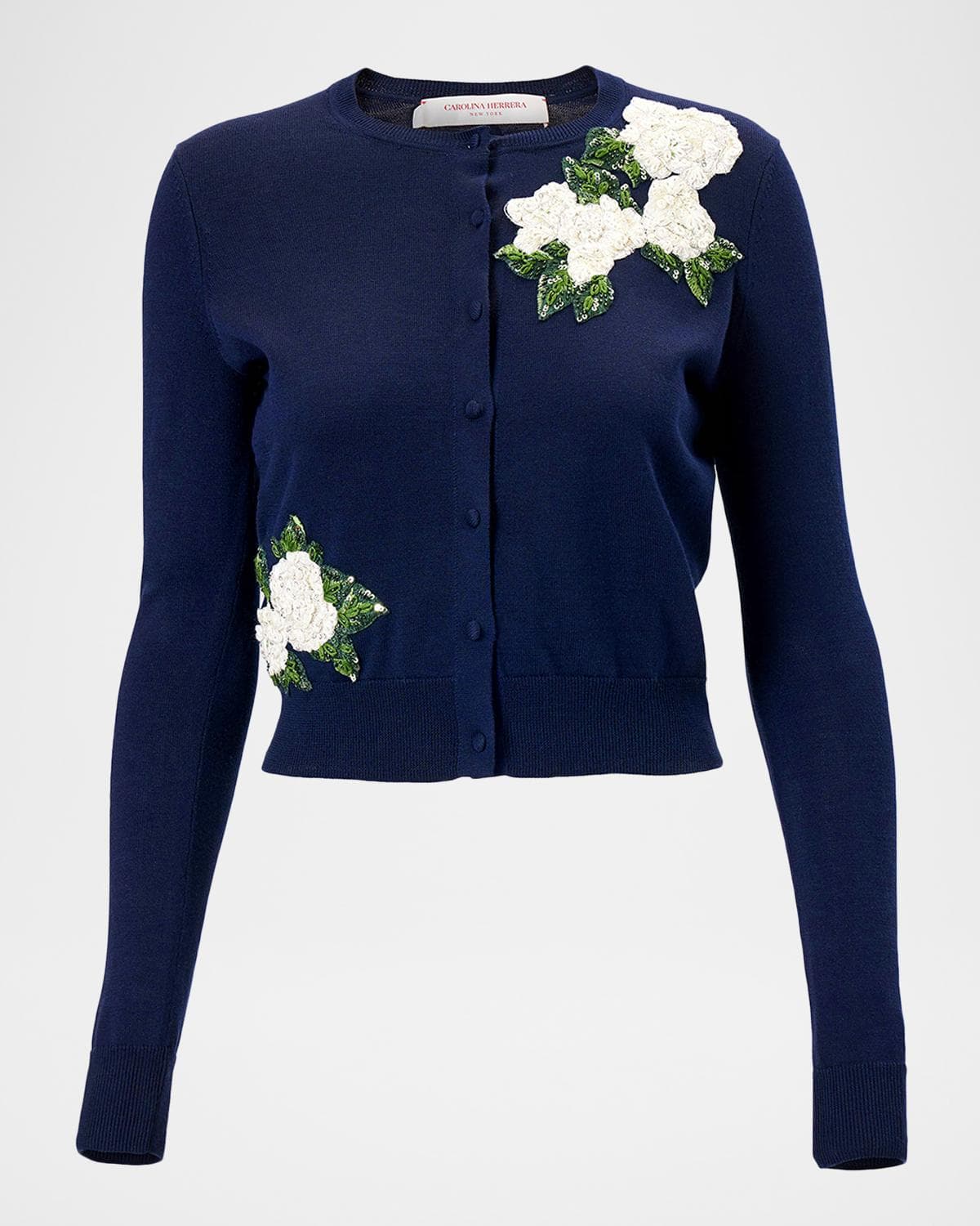 Carolina Herrera Sequined Floral Embroidered Crewneck Cardigan
