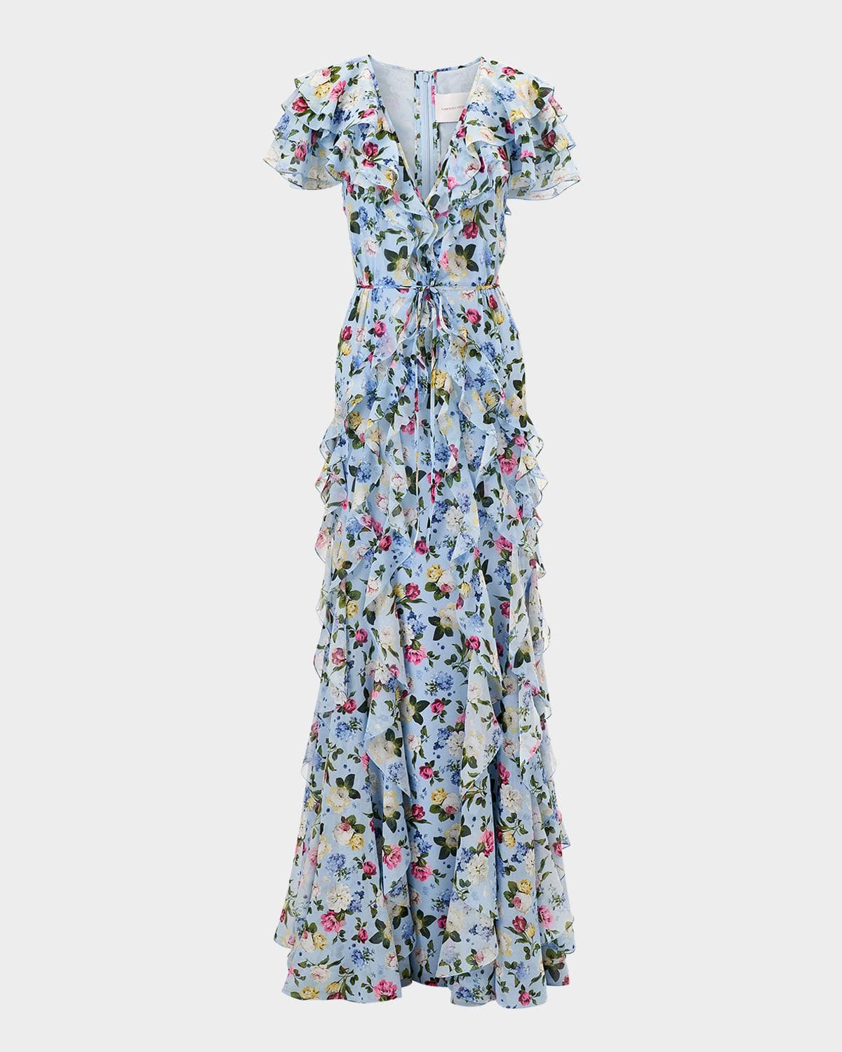 Carolina Herrera Floral Ruffle Chiffon Short-Sleeve Maxi Dress