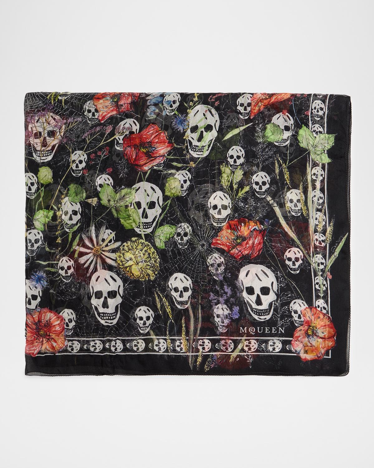 McQueen Skull & Spider Floral Silk Scarf