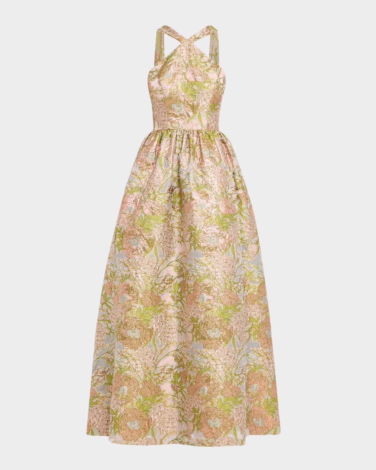 Aidan Mattox Draped Floral Jacquard Halter Gown