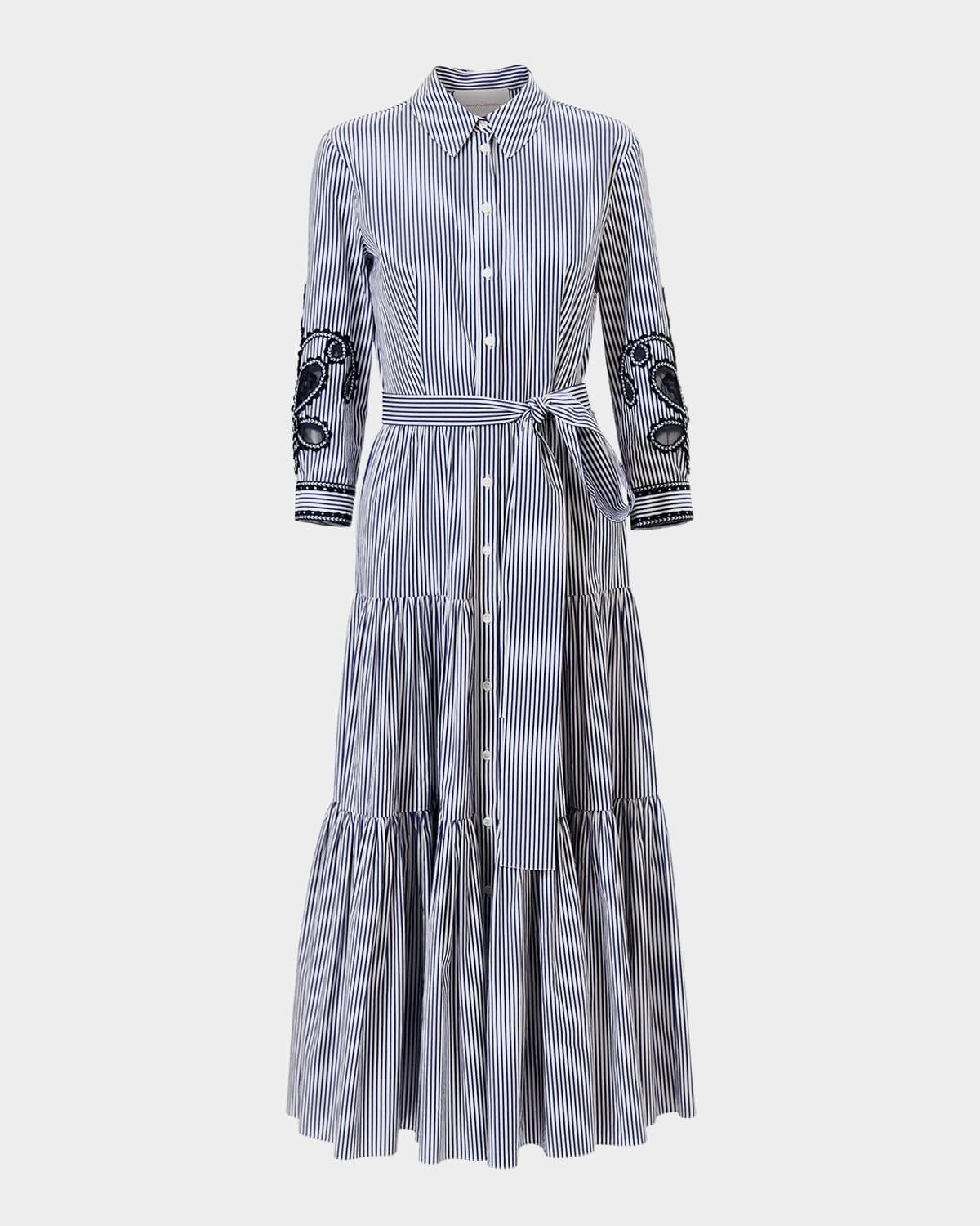 Carolina Herrera Paisley Embroidered 3/4-Sleeve Tiered Midi Shirtdress