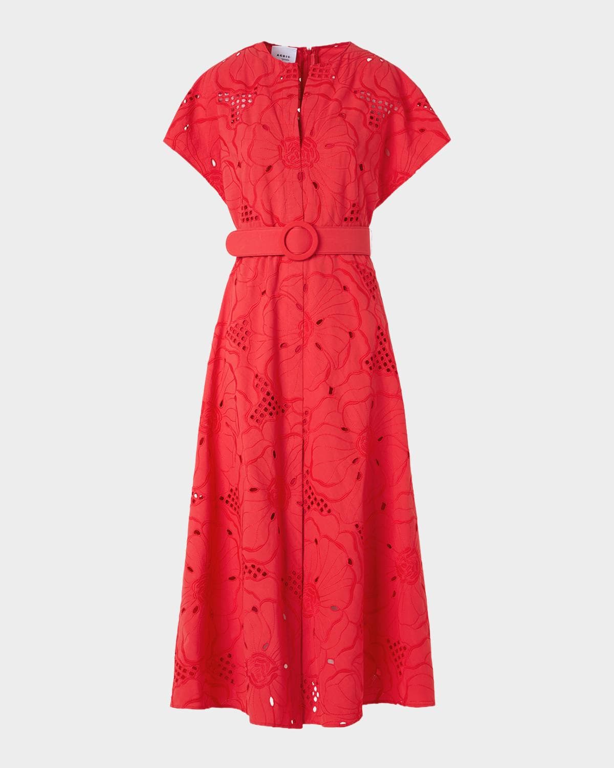 Akris punto Floral Eyelet Embroidered Short-Sleeve Belted Midi Dress