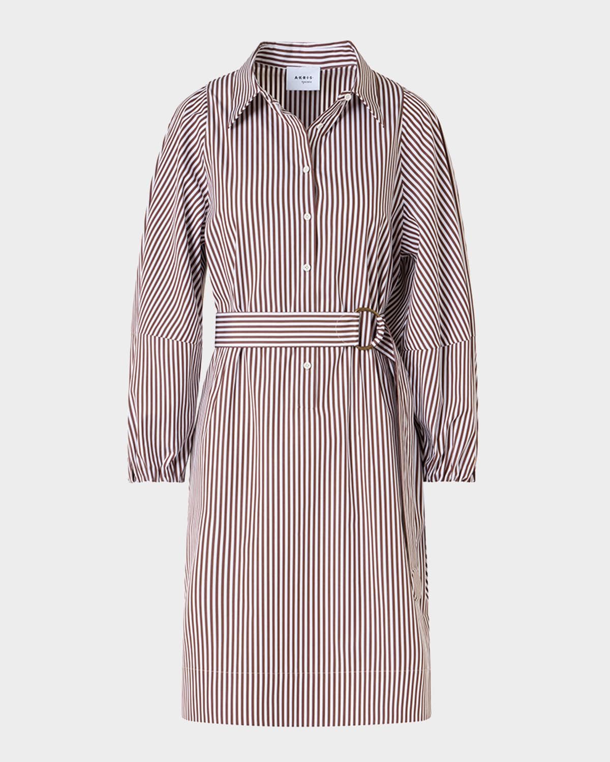Akris punto Striped Cotton Poplin Belted Balloon-Sleeve Shirtdress