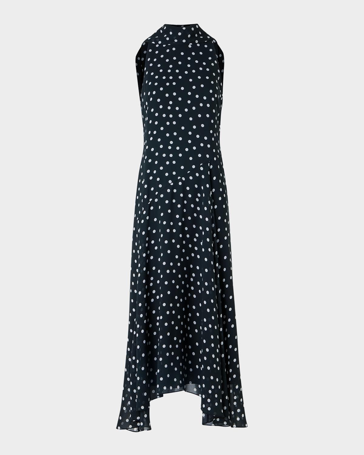 Akris punto Mock-Neck Polka-Dot Viscose Georgette Handkerchief Midi Dress