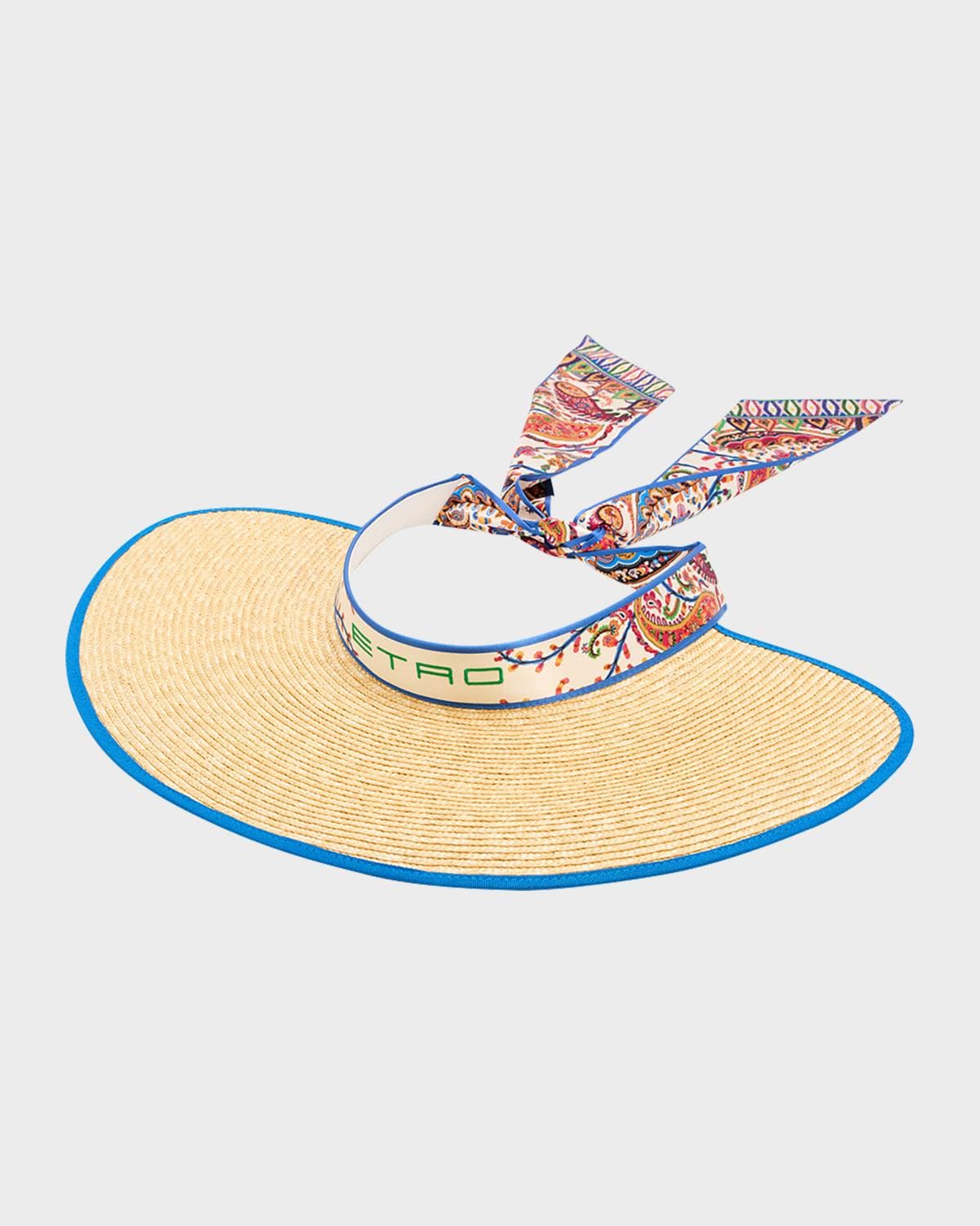 Etro Logo Straw Visor with Paisley-Print Ties