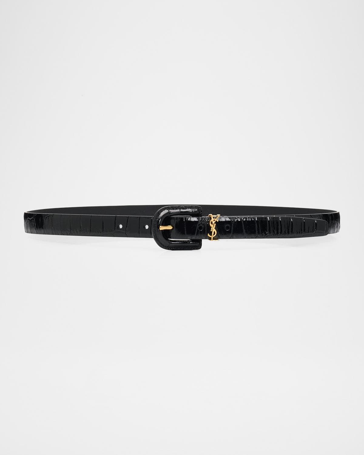 Saint Laurent Cassandre Croco-Embossed Leather Thin Belt