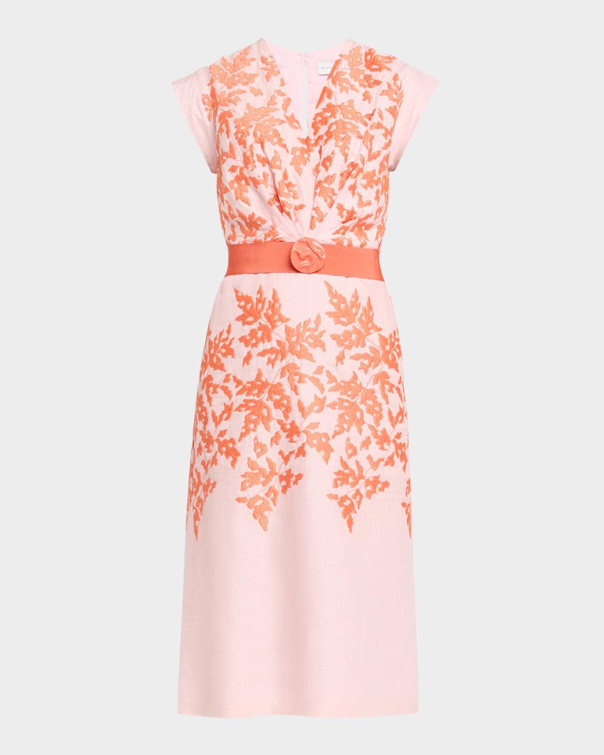 Silvia Tcherassi Olive Embroidered Linen Midi Dress With Belt · MEDIUM