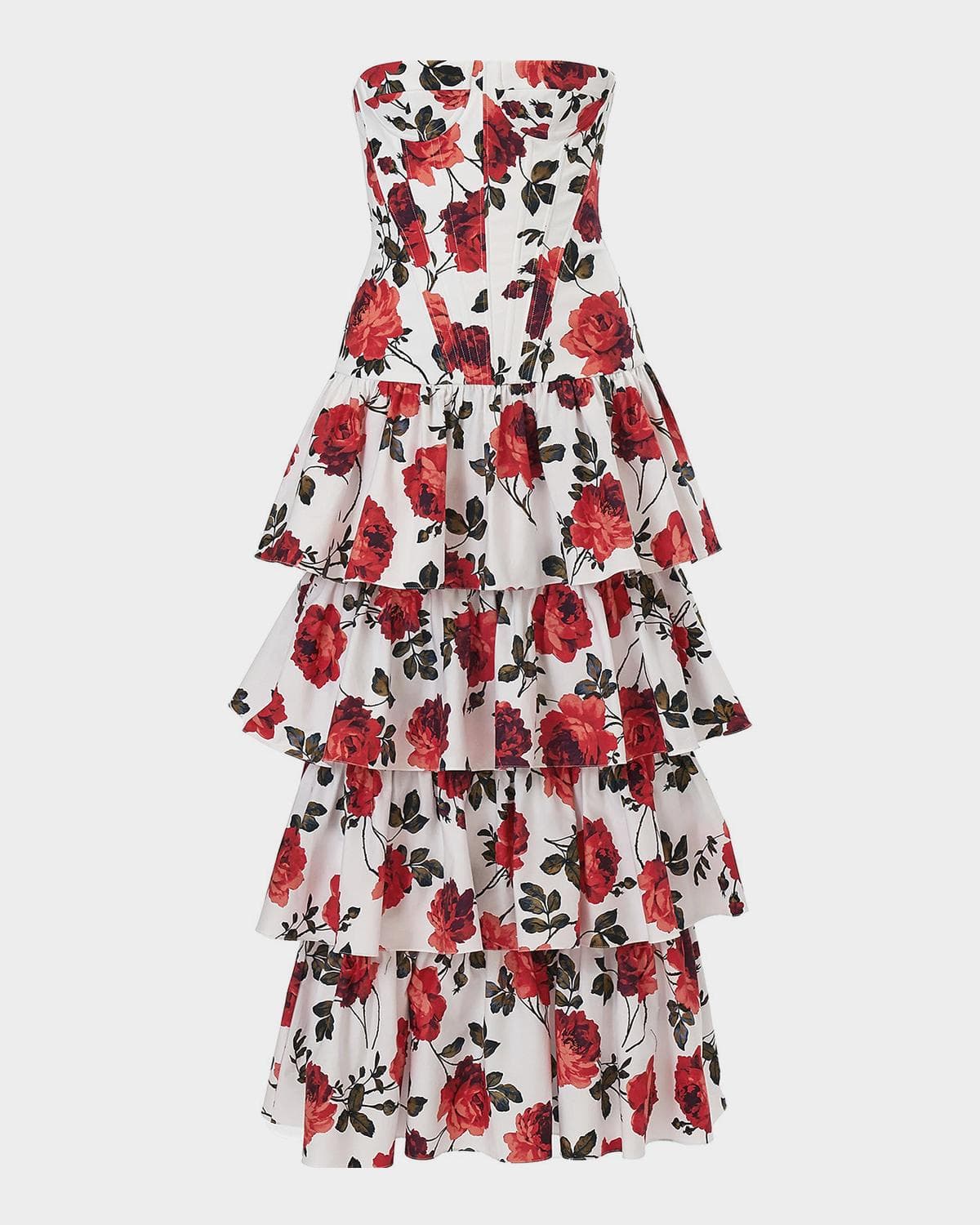 Carolina Herrera Strapless Corset Tiered Ruffle Midi Dress