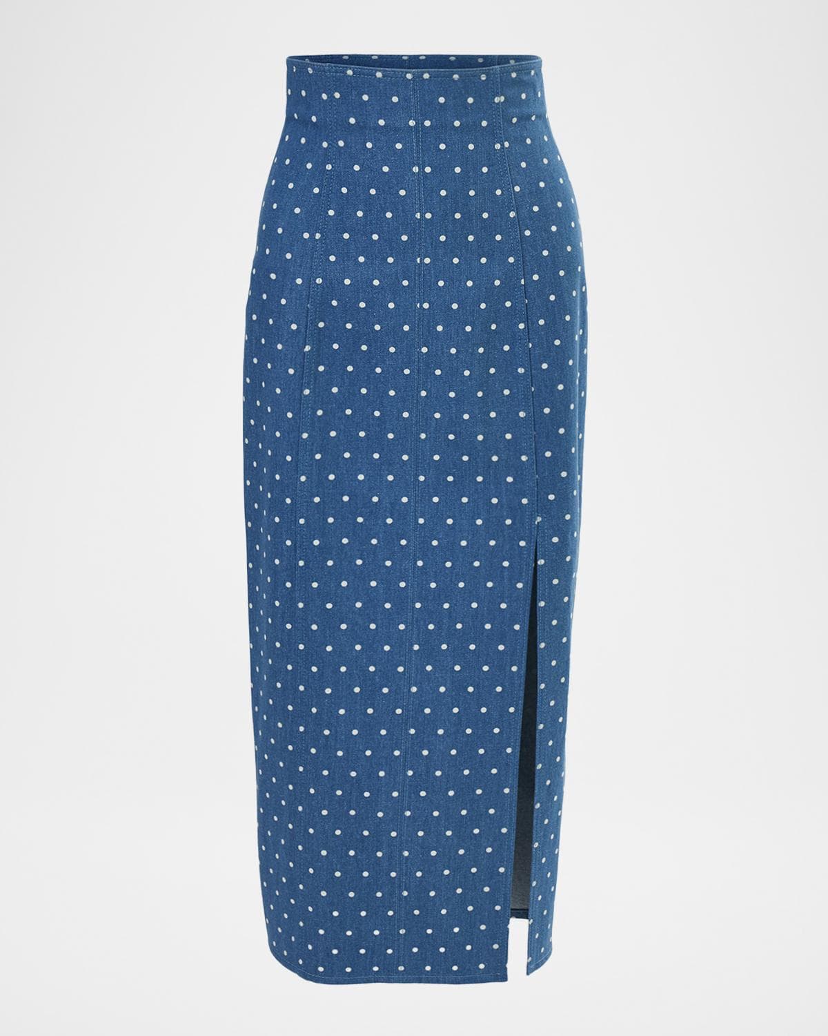 Carolina Herrera Polka-Dot Denim Slit Midi Skirt
