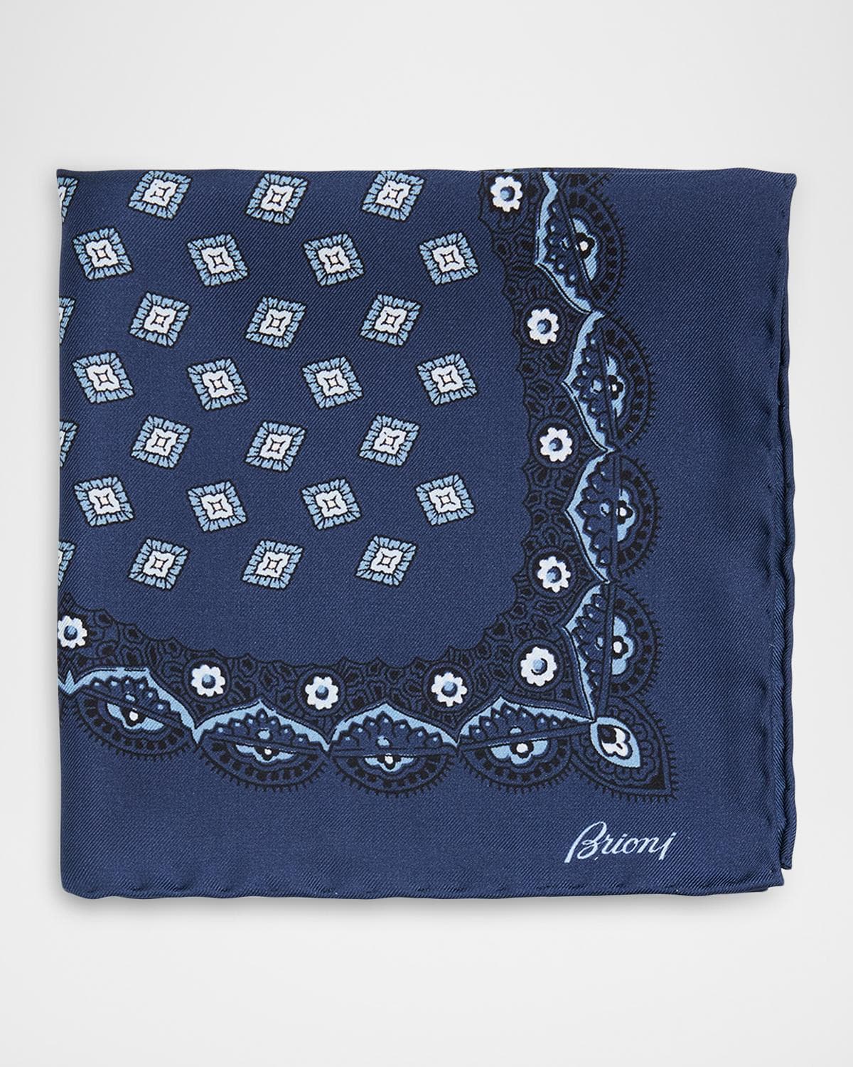 Brioni Men's Medallion-Print Silk Pocket Square