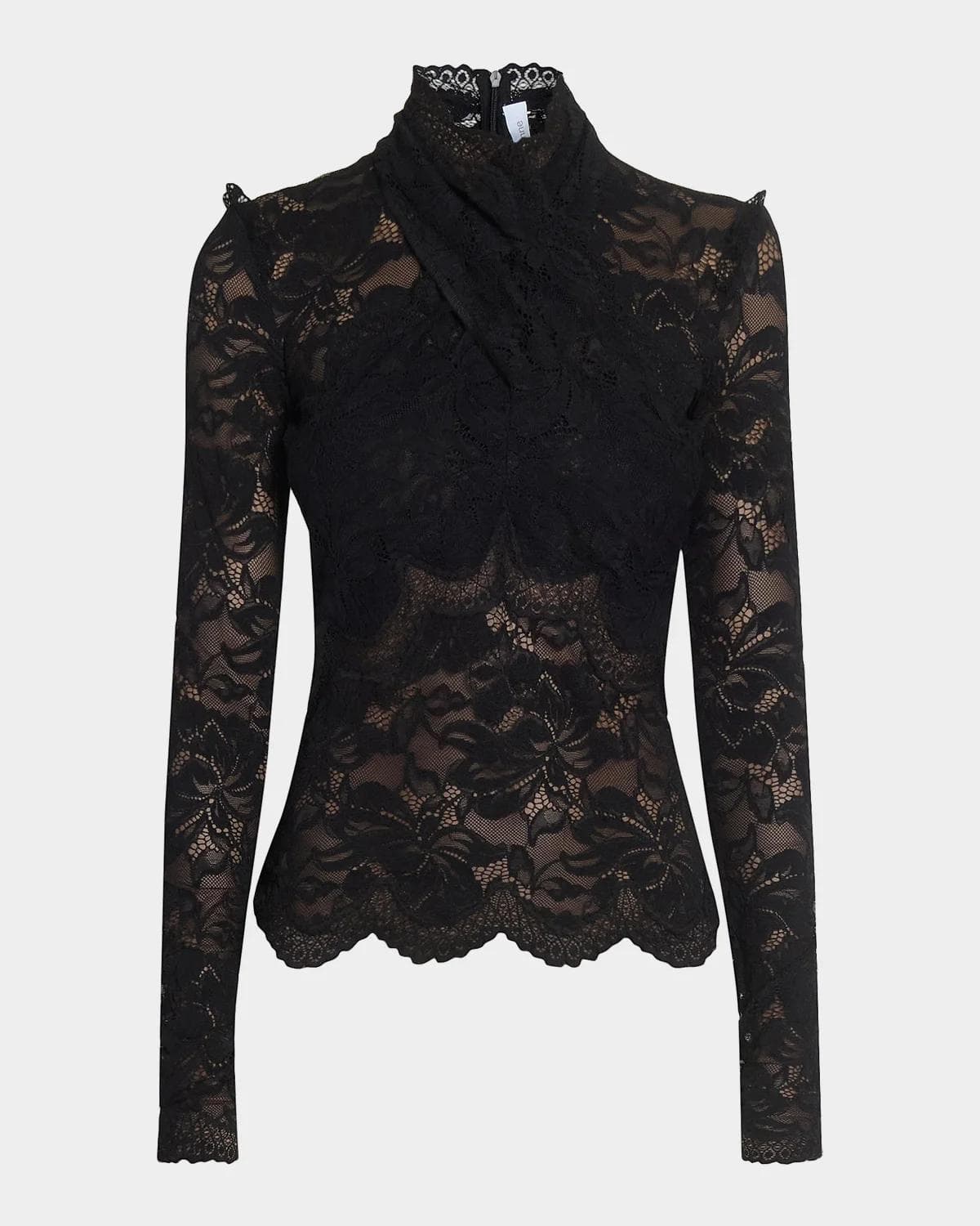 Rabanne Crisscross Mock-Neck Lace Long-Sleeve Top