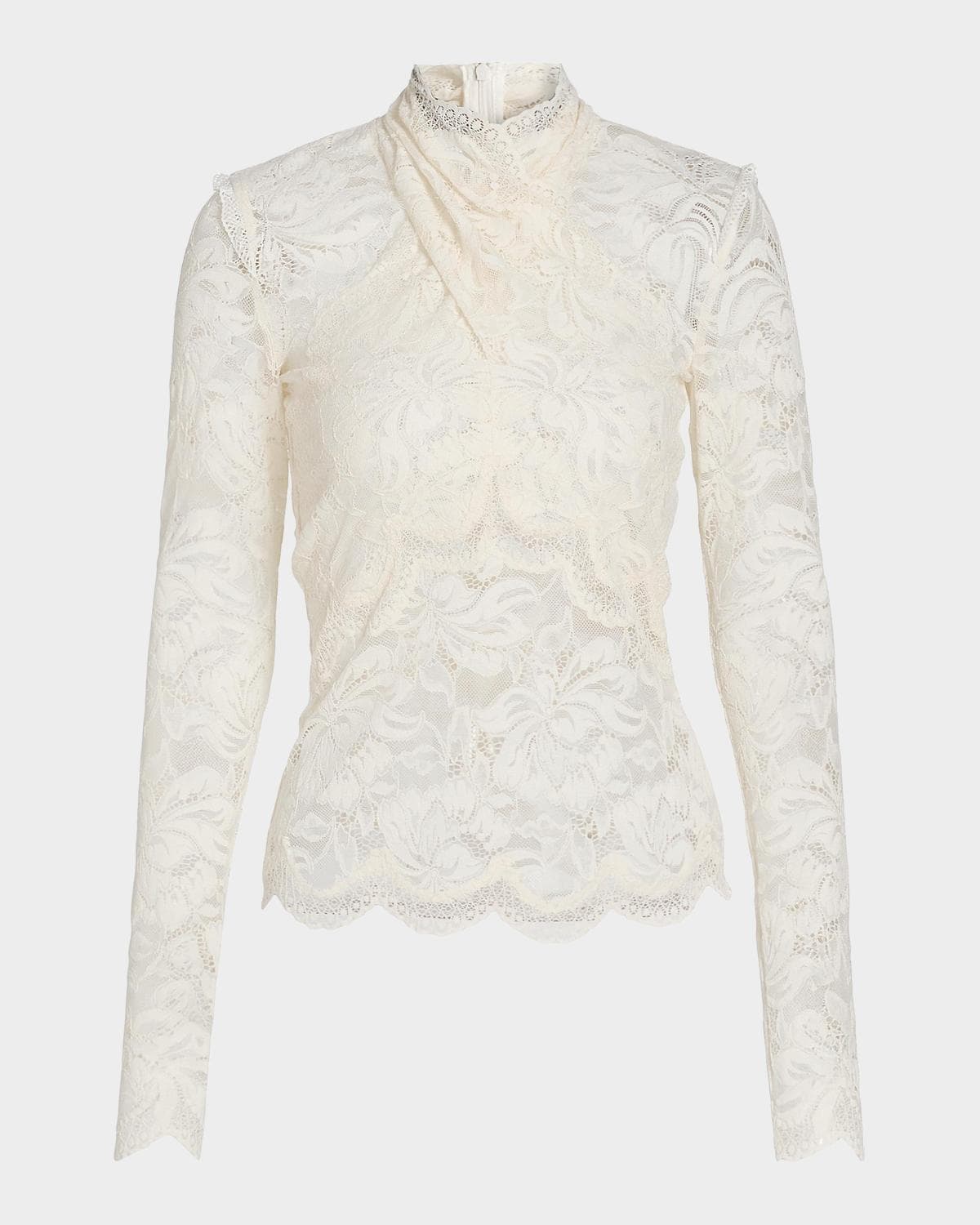 Rabanne Crisscross Mock-Neck Lace Long-Sleeve Top