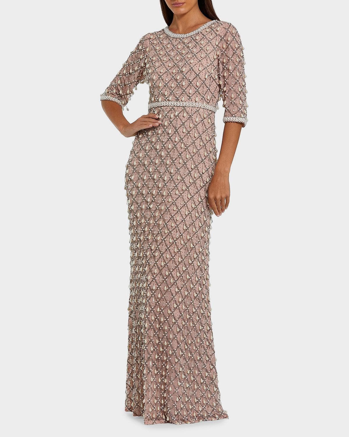 Mac Duggal Pearly-Embellished Beaded Mesh Gown