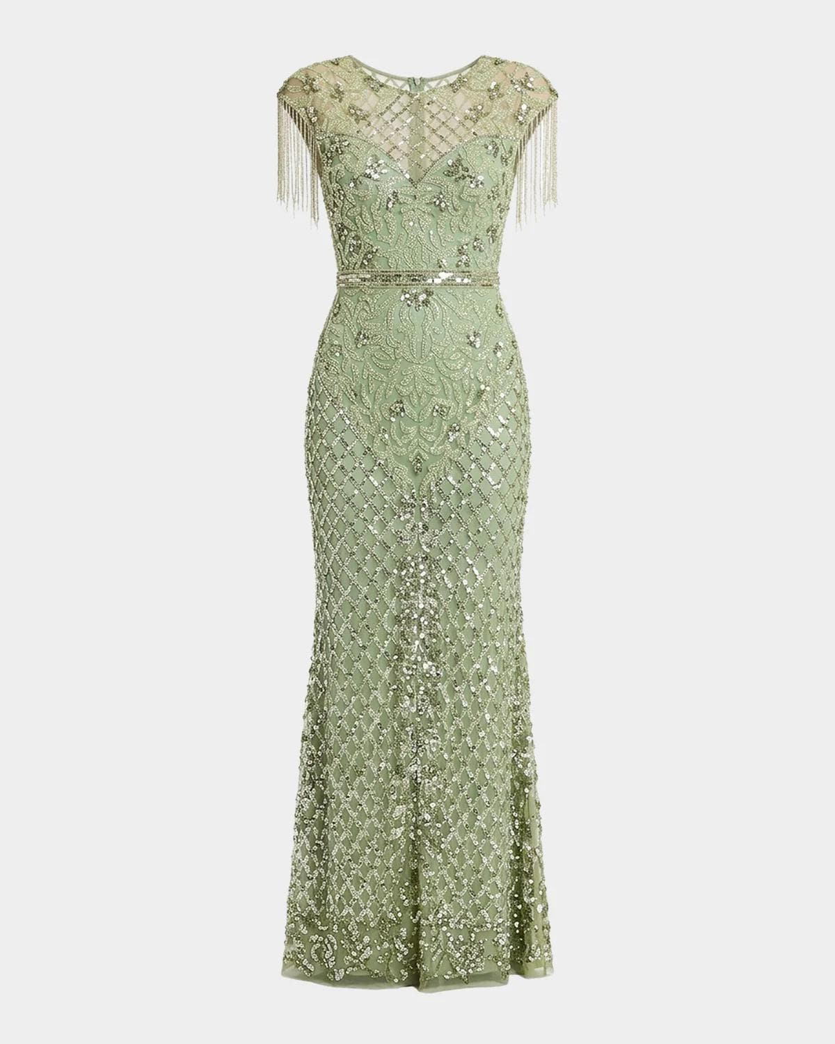 Mac Duggal Petite Embellished Fringe Column Gown