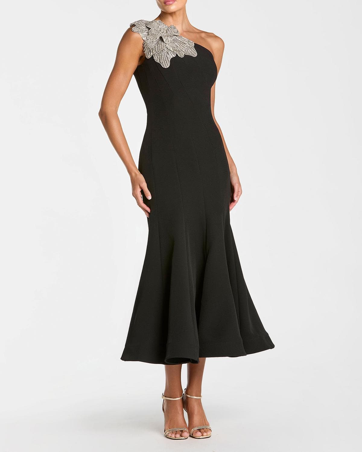 Mac Duggal Floral Applique One-Shoulder Crepe Midi Dress