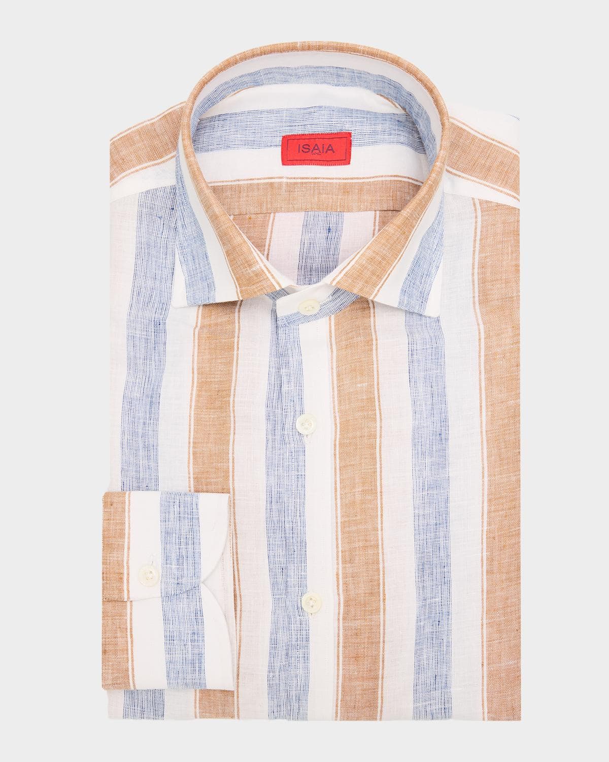 Isaia Men's Linen Wide Stripe Dress Shirt