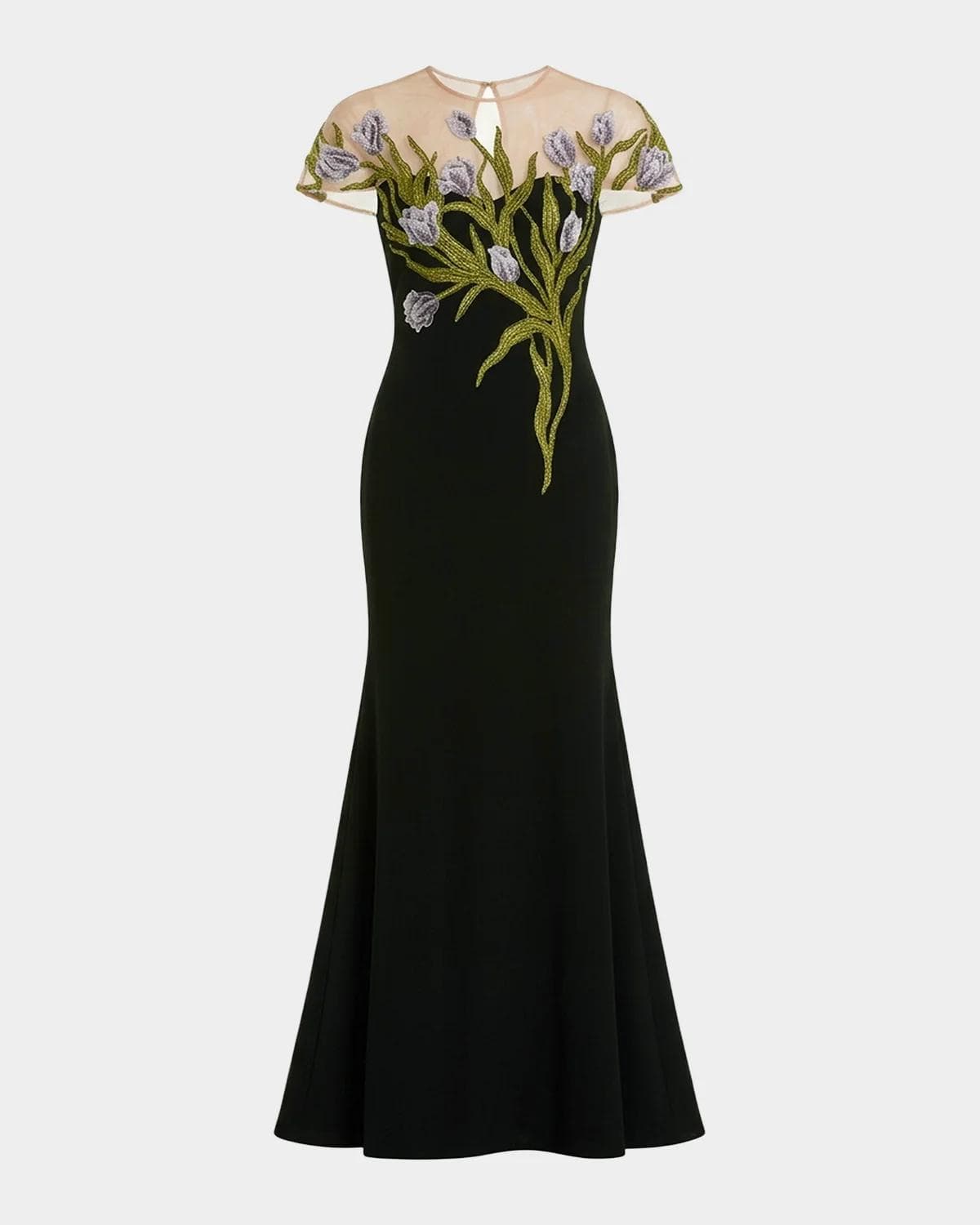 Mac Duggal Petite Floral-Embroidered Illusion-Neck Gown