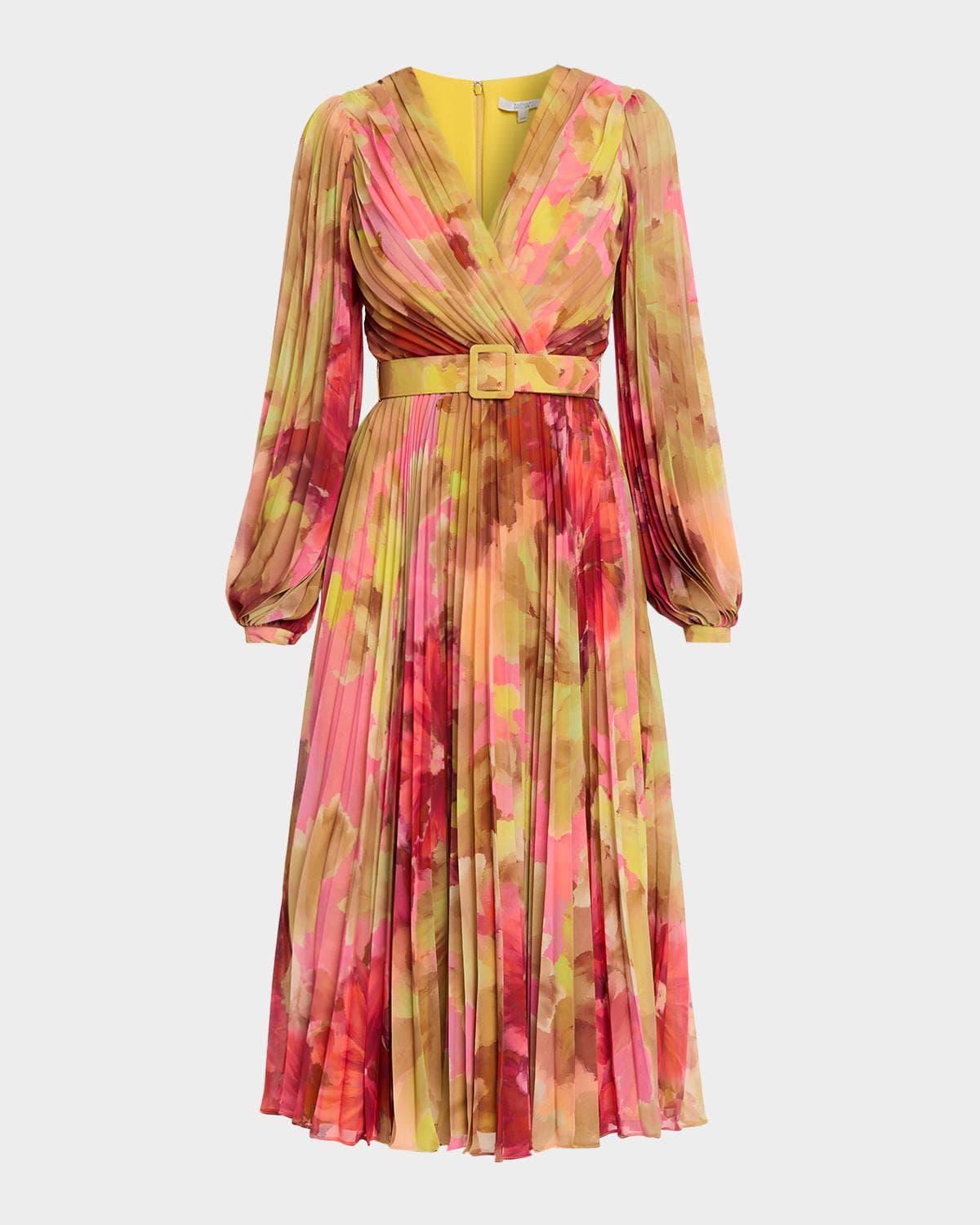Badgley Mischka Pleated Floral-Print Georgette Midi Dress