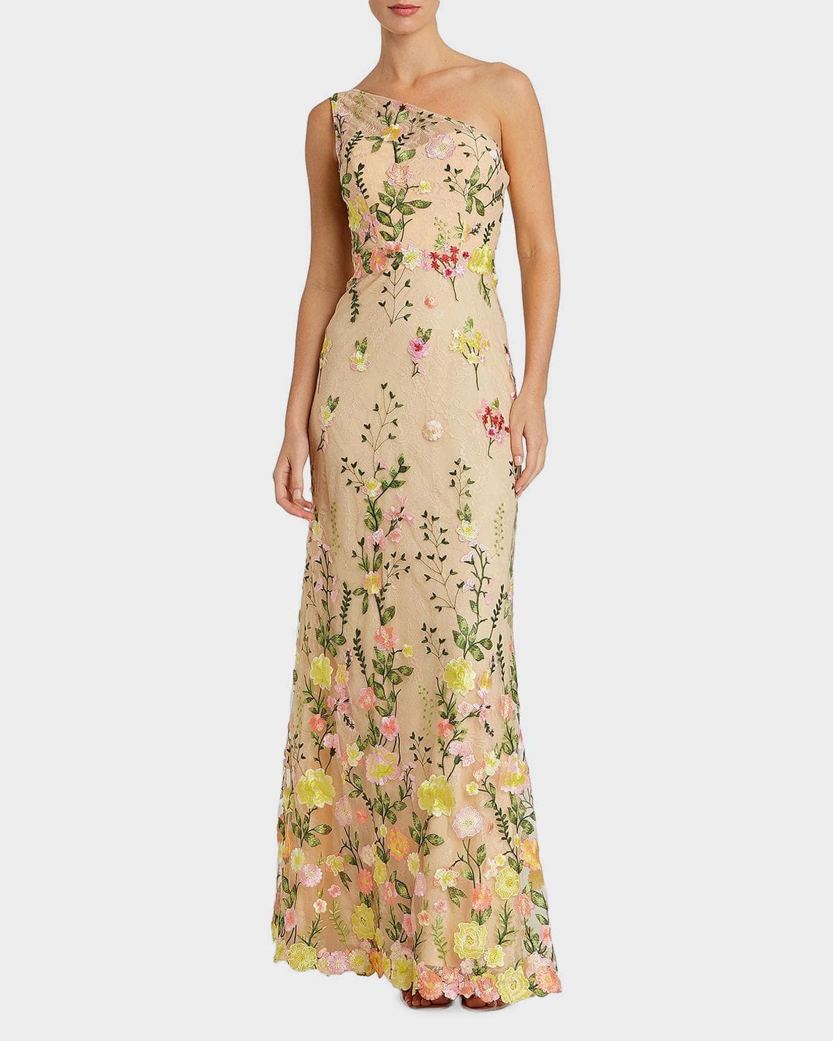 Mac Duggal One-Shoulder Floral Embroidered Gown