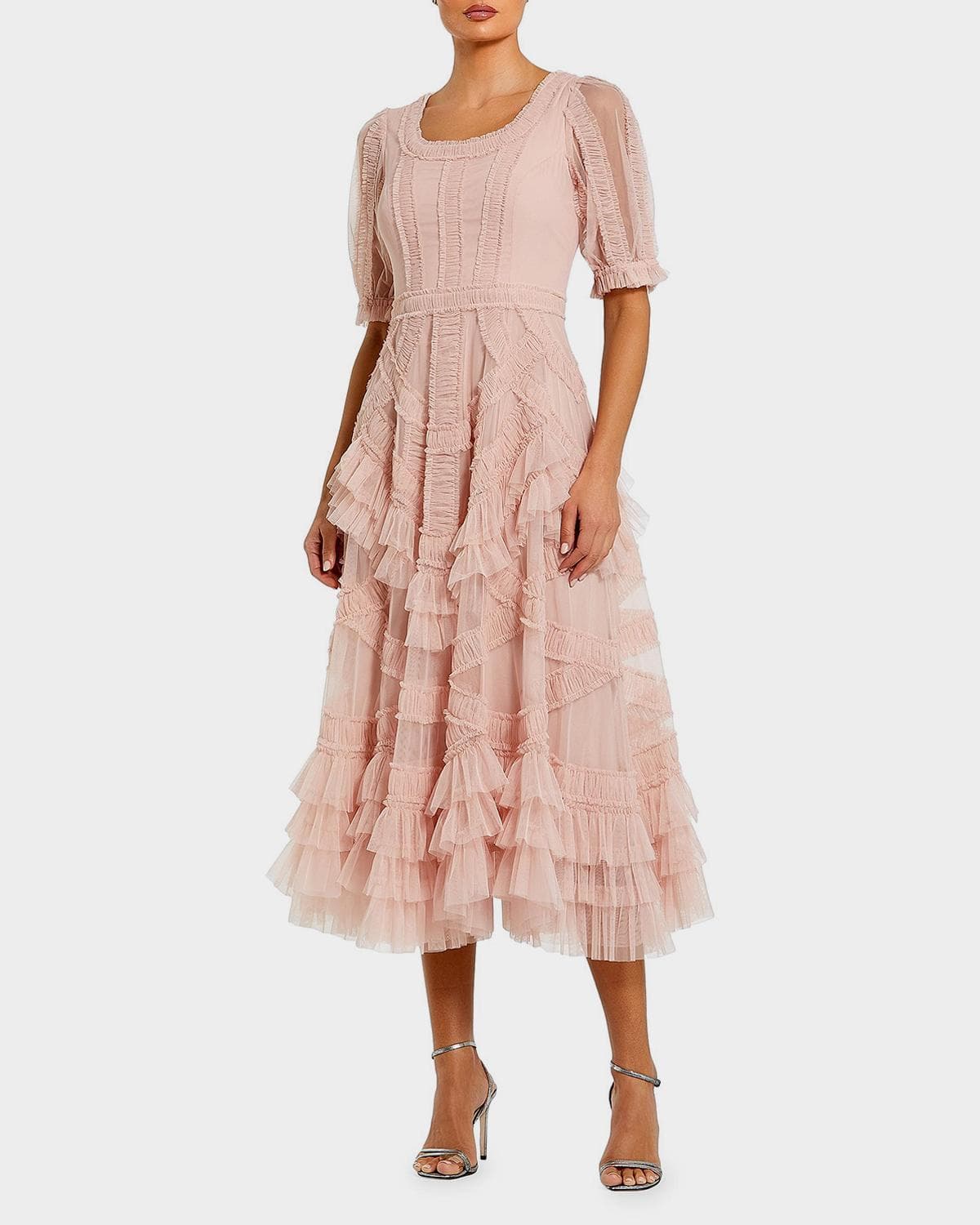 Mac Duggal Mesh Ruffled Scoopneck Midi-Dress