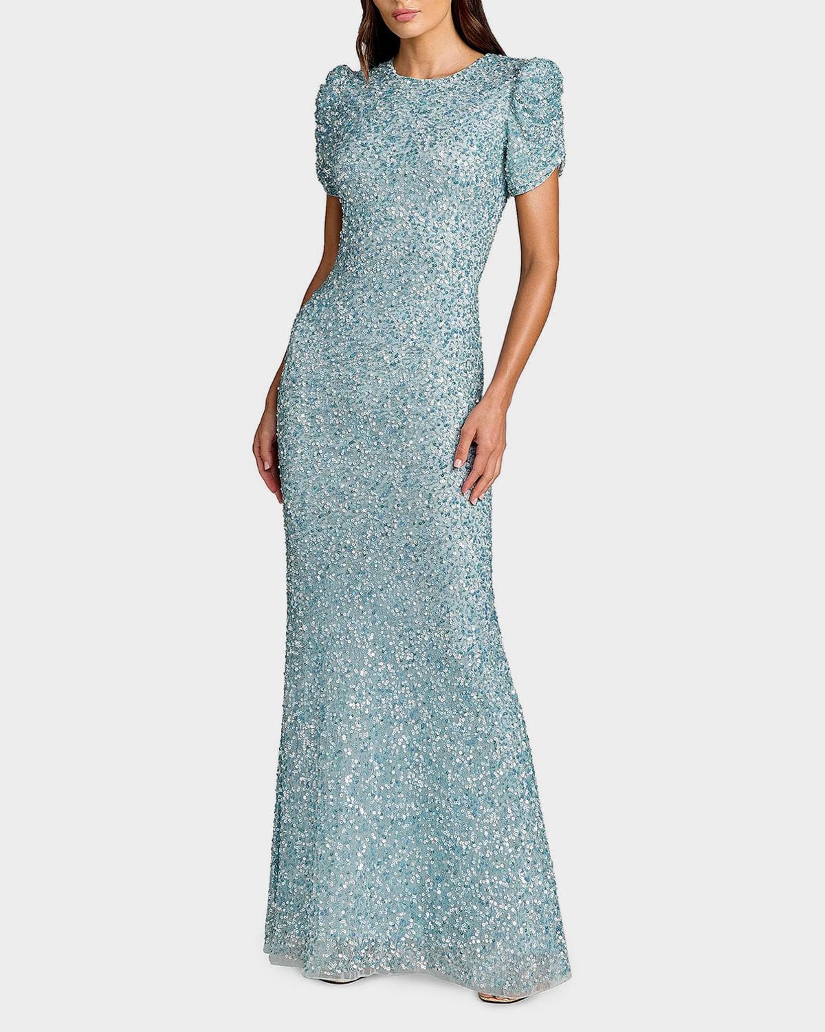 Mac Duggal Beaded Mesh Short-Sleeve Gown
