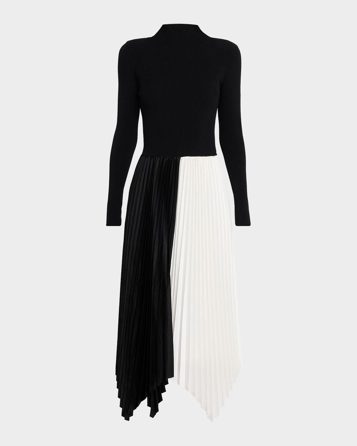 Elie Tahari Elsa Colorblocked Pleated Asymmetric Midi-Dress