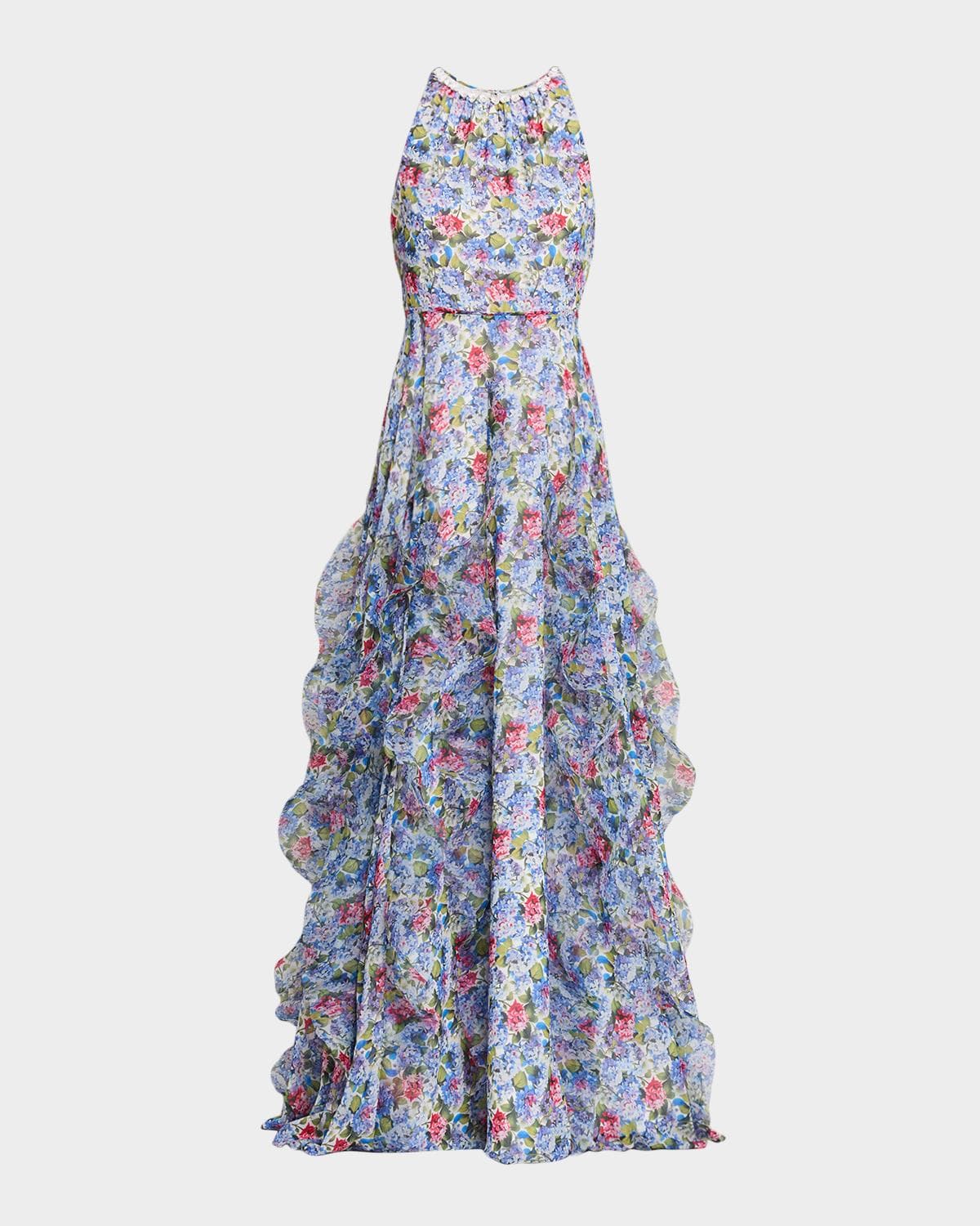 Rickie Freeman for Teri Jon Sleeveless Floral Cascading Ruffle Gown