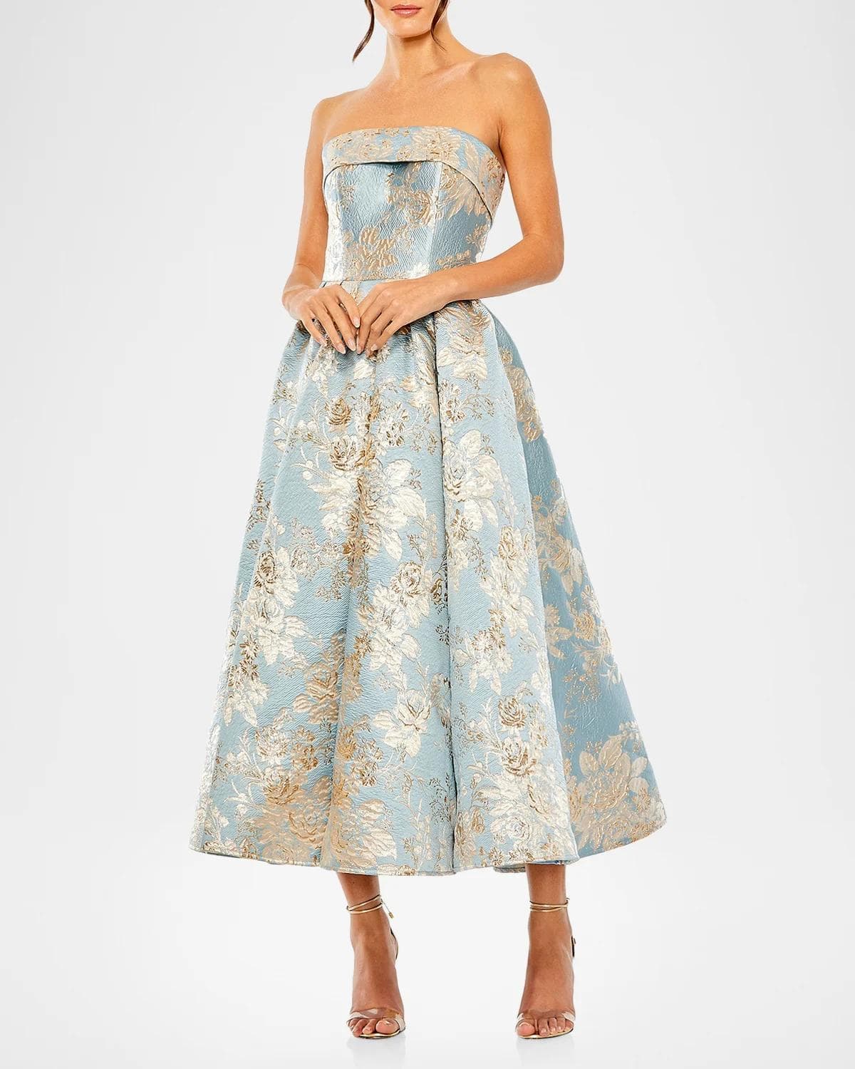 Mac Duggal Petite Strapless Floral Brocade Fit-and-Flare Midi Dress