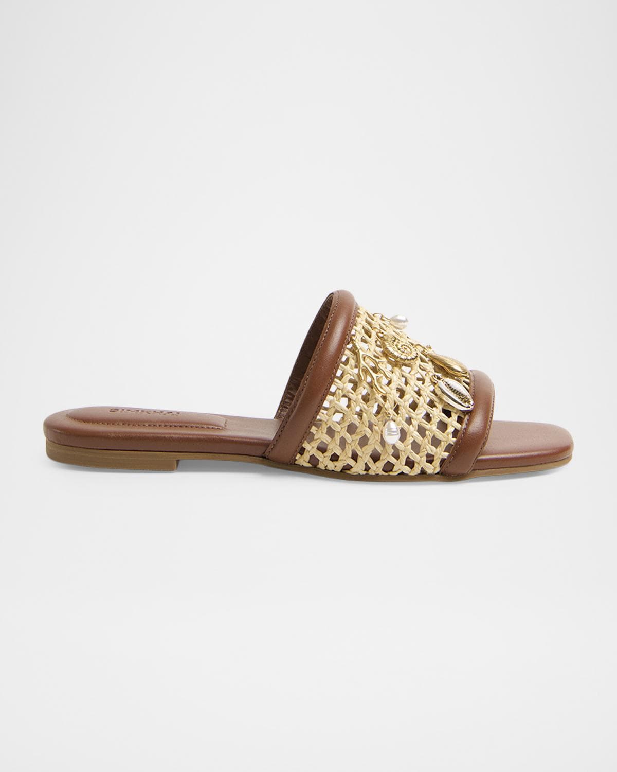 SIMKHAI Caspian Raffia Netted Leather Flat Sandals