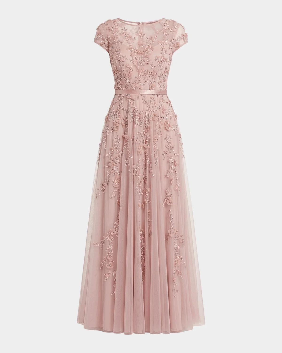 Mac Duggal Petite Floral Applique Cap-Sleeve A-Line Gown