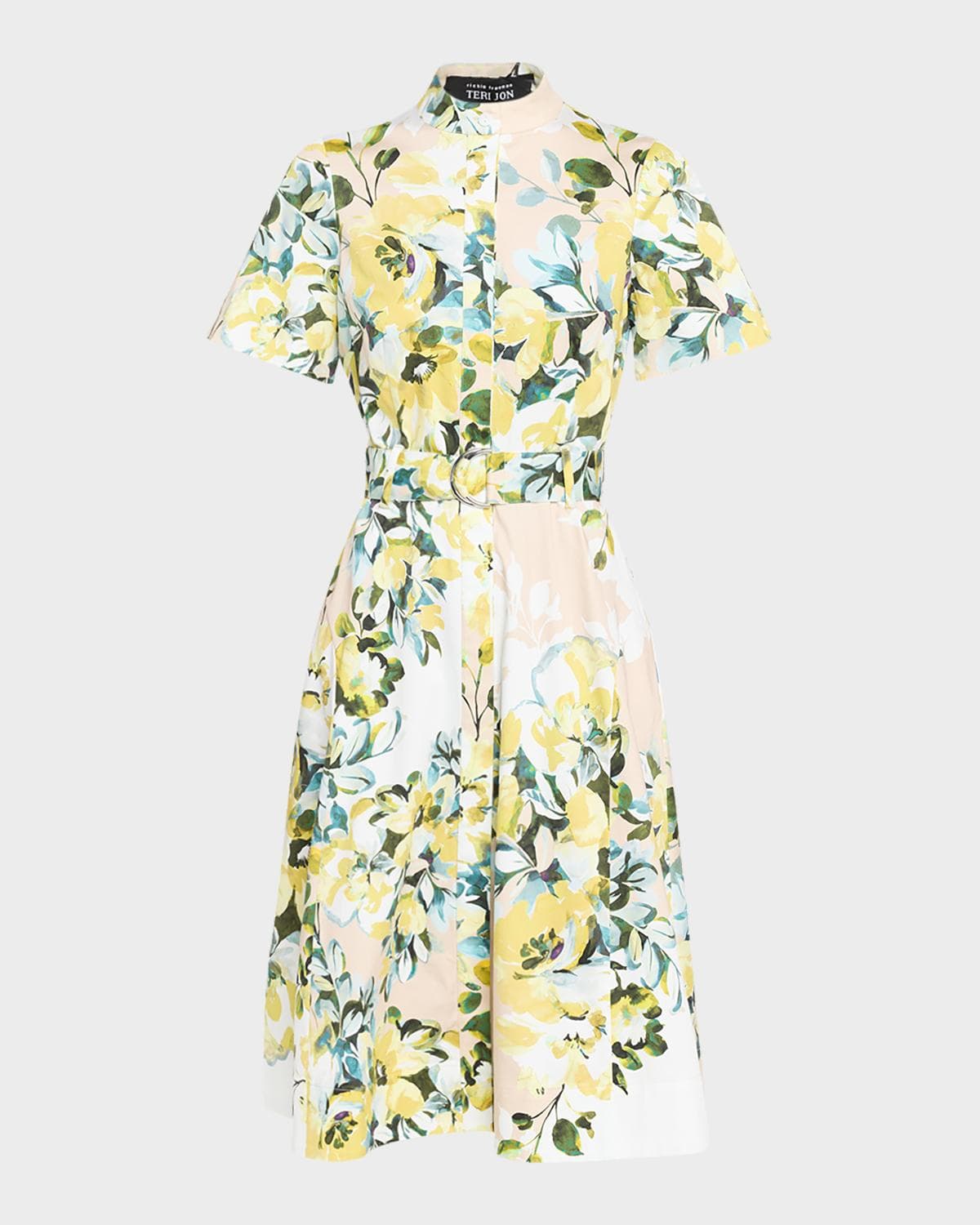 Rickie Freeman for Teri Jon Belted Floral-Print Cotton Midi Shirtdress