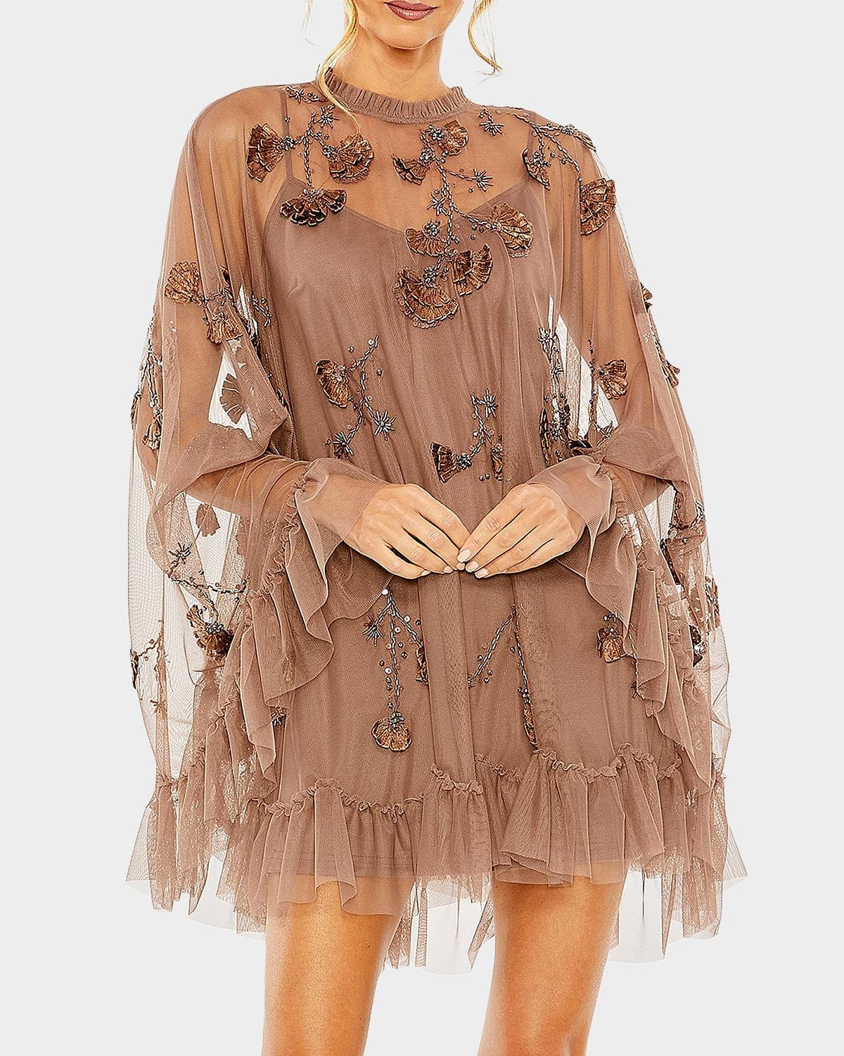 Mac Duggal Embellished Mesh A-Line Mini Dress