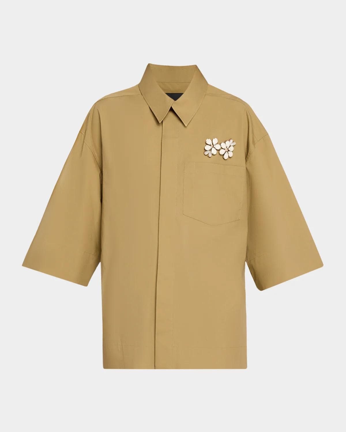 Simone Rocha Boxy Floral-Embellished Pocket Short-Sleeve Shirt