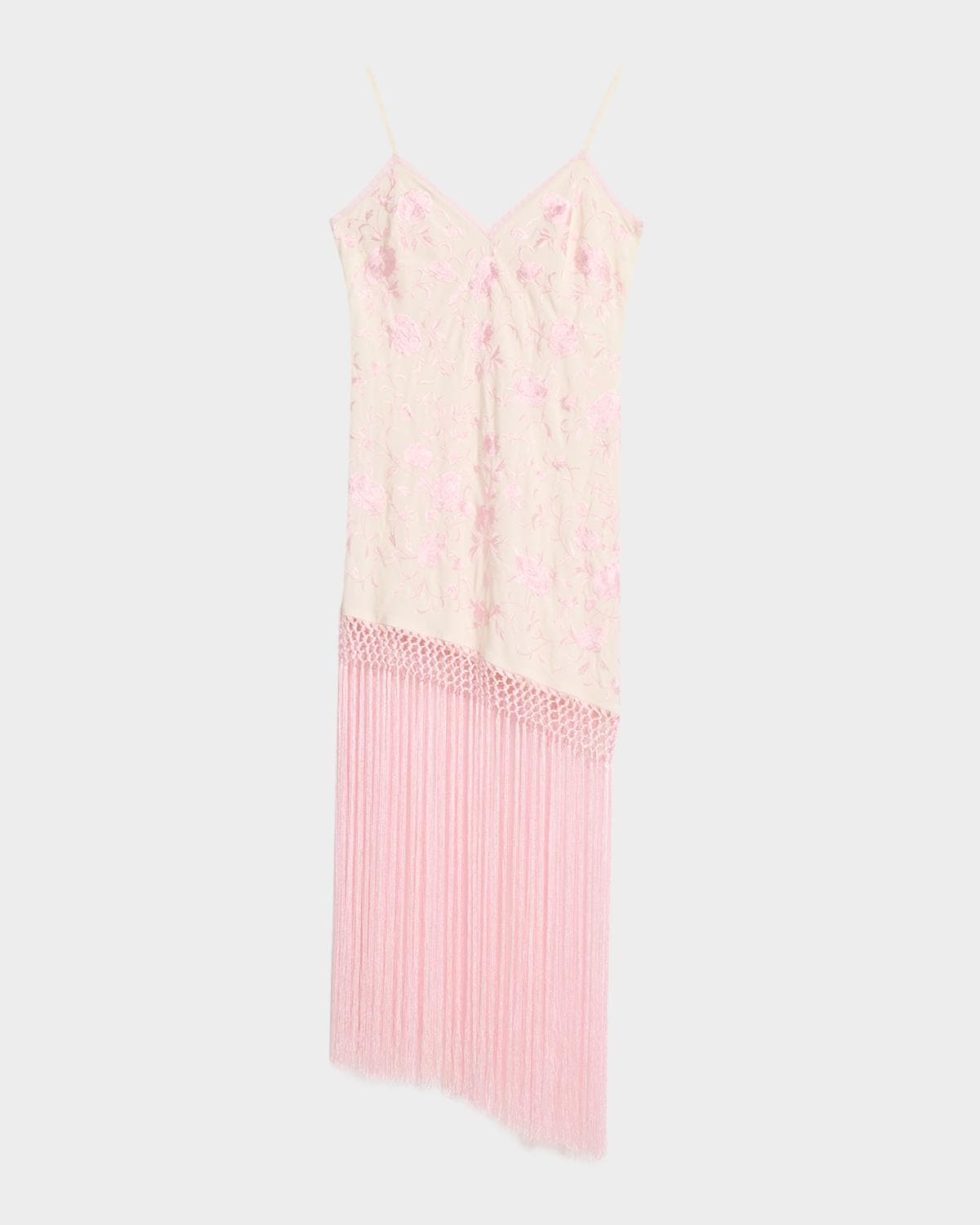 LoveShackFancy Evalette Floral-Embroidered Asymmetric Fringe Dress