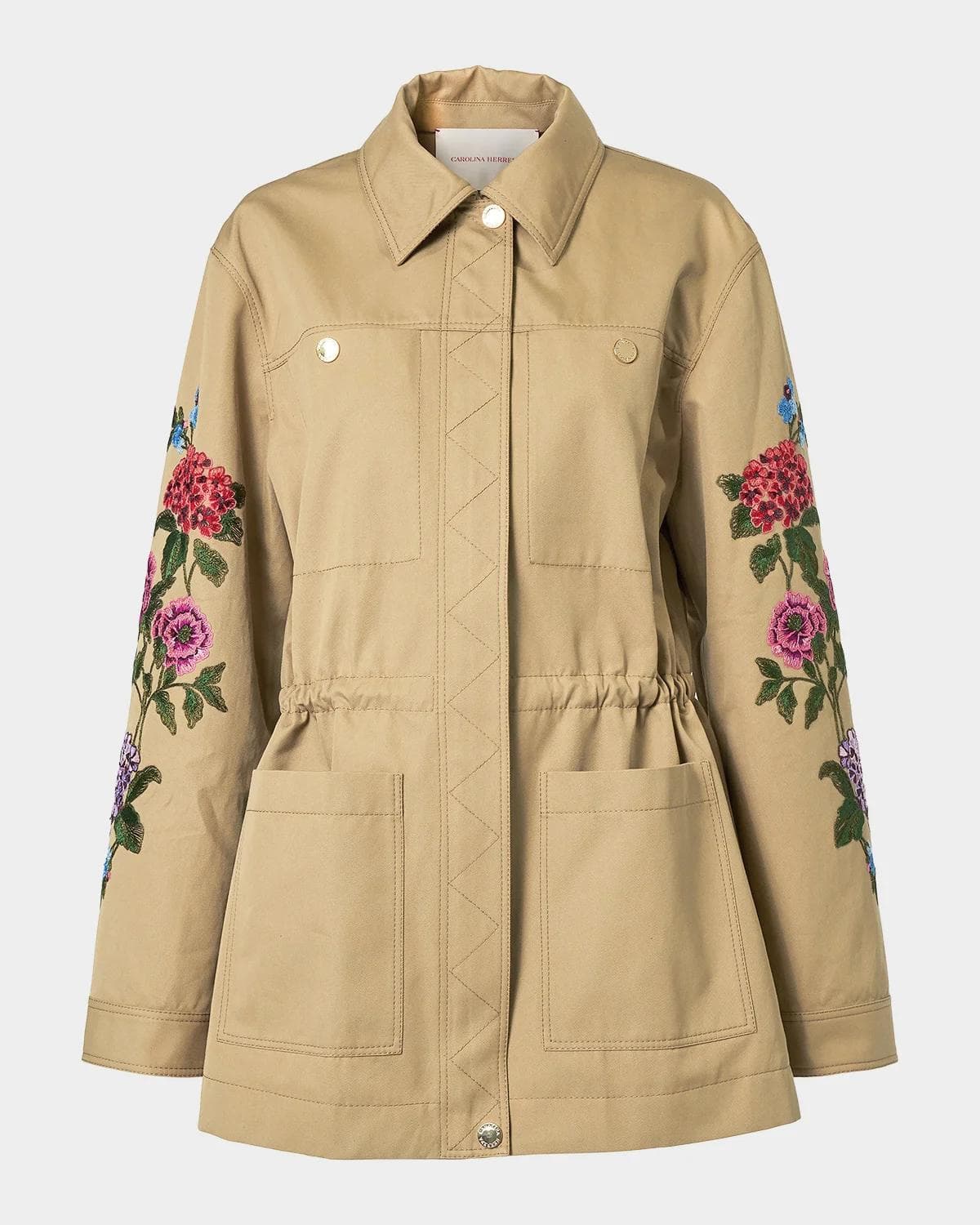 Carolina Herrera Floral Embroidered Cotton Twill Zip Utility Jacket