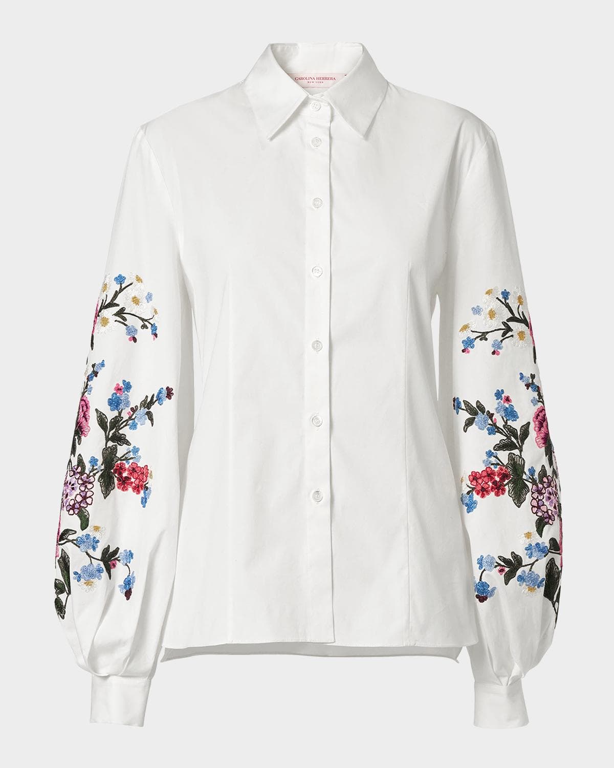 Carolina Herrera Embroidered Puff-Sleeve Button-Down Shirt