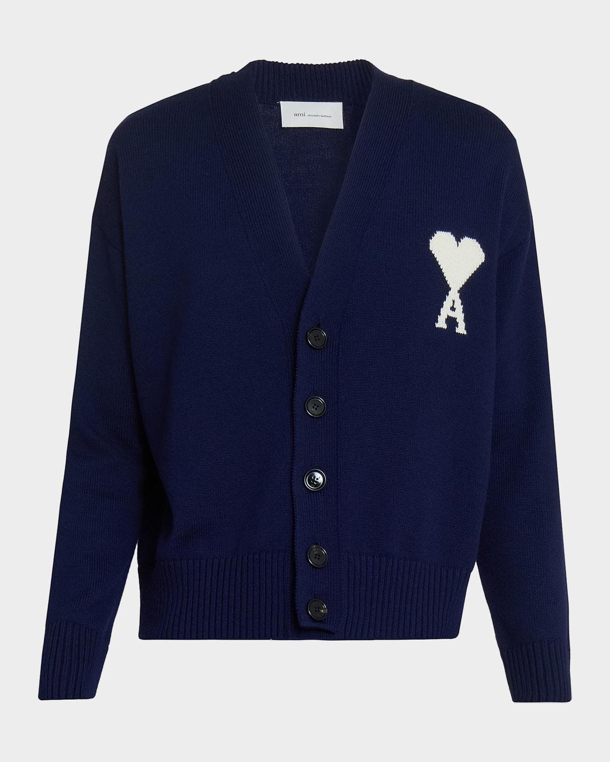 Ami Paris Men's Intarsia Ami De Coeur Wool and Cotton Knit Cardigan