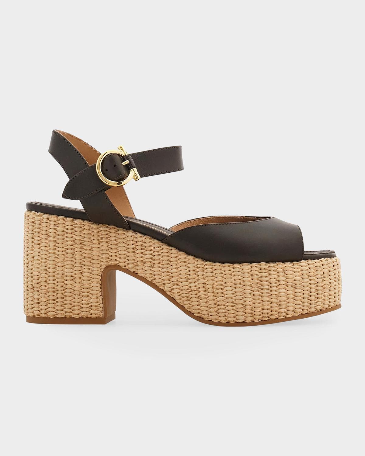FERRAGAMO 90mm Nerea Raffia Leather Platform Sandals