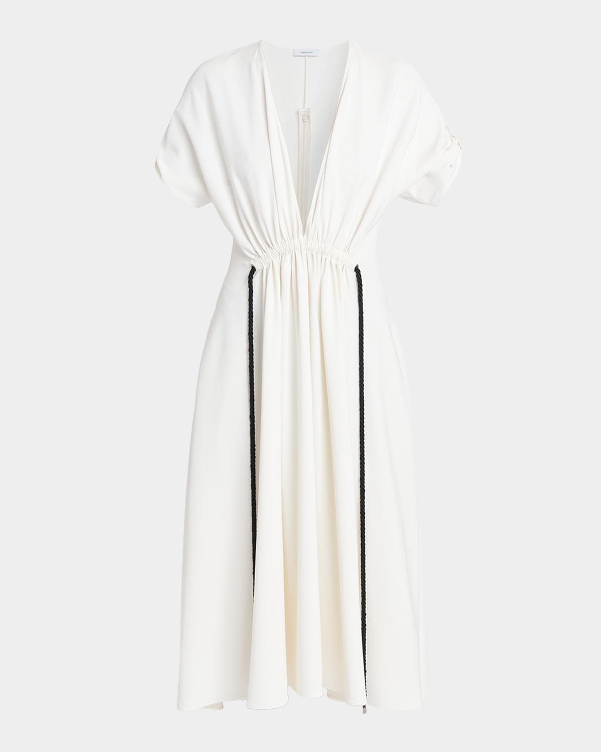 FERRAGAMO Plunging Gathered Short-Sleeve Midi Dress
