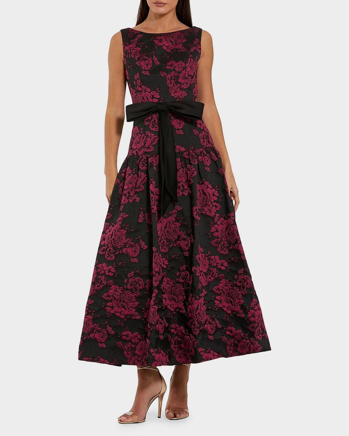 Mac Duggal Satin Bow-Waist Floral Brocade Midi Dress