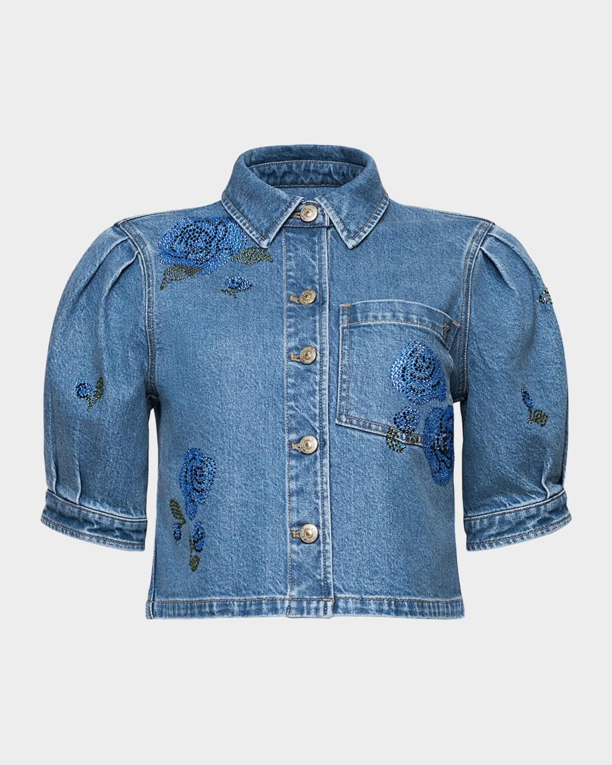 Cinq à Sept Cropped Heatset Roses Denim Jacket