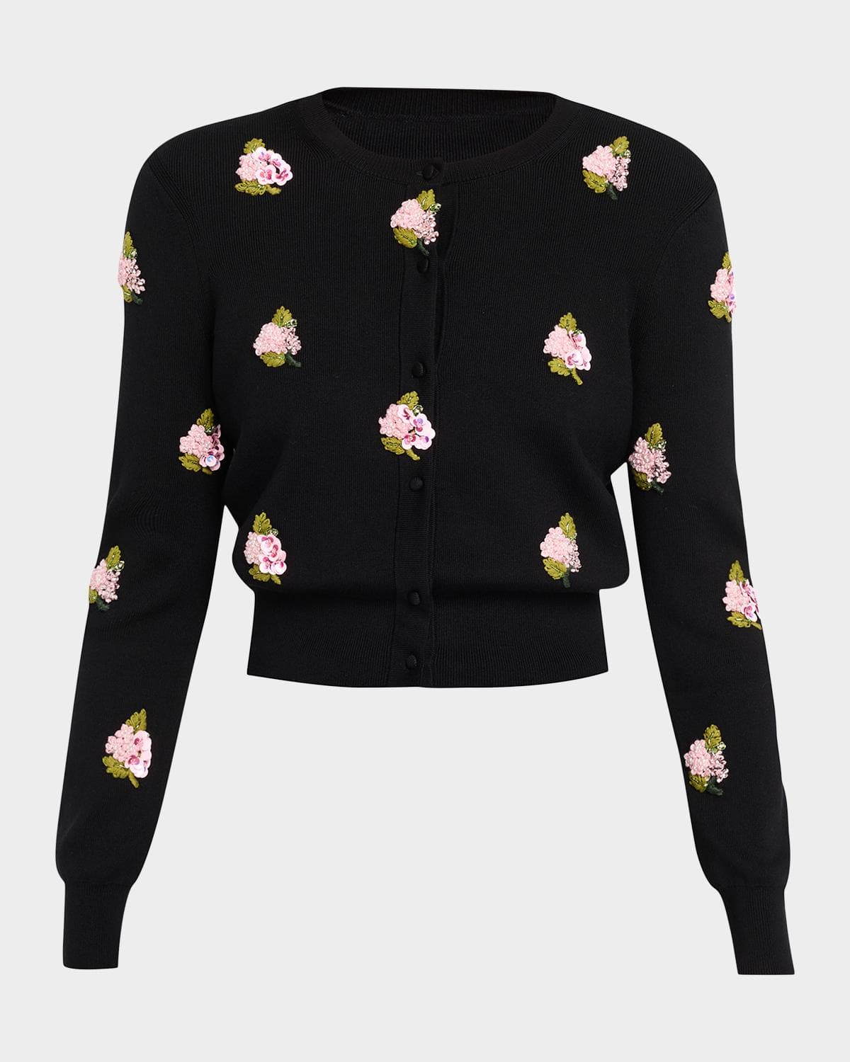 Carolina Herrera Floral Beaded Silk-Cotton Knit Crop Cardigan