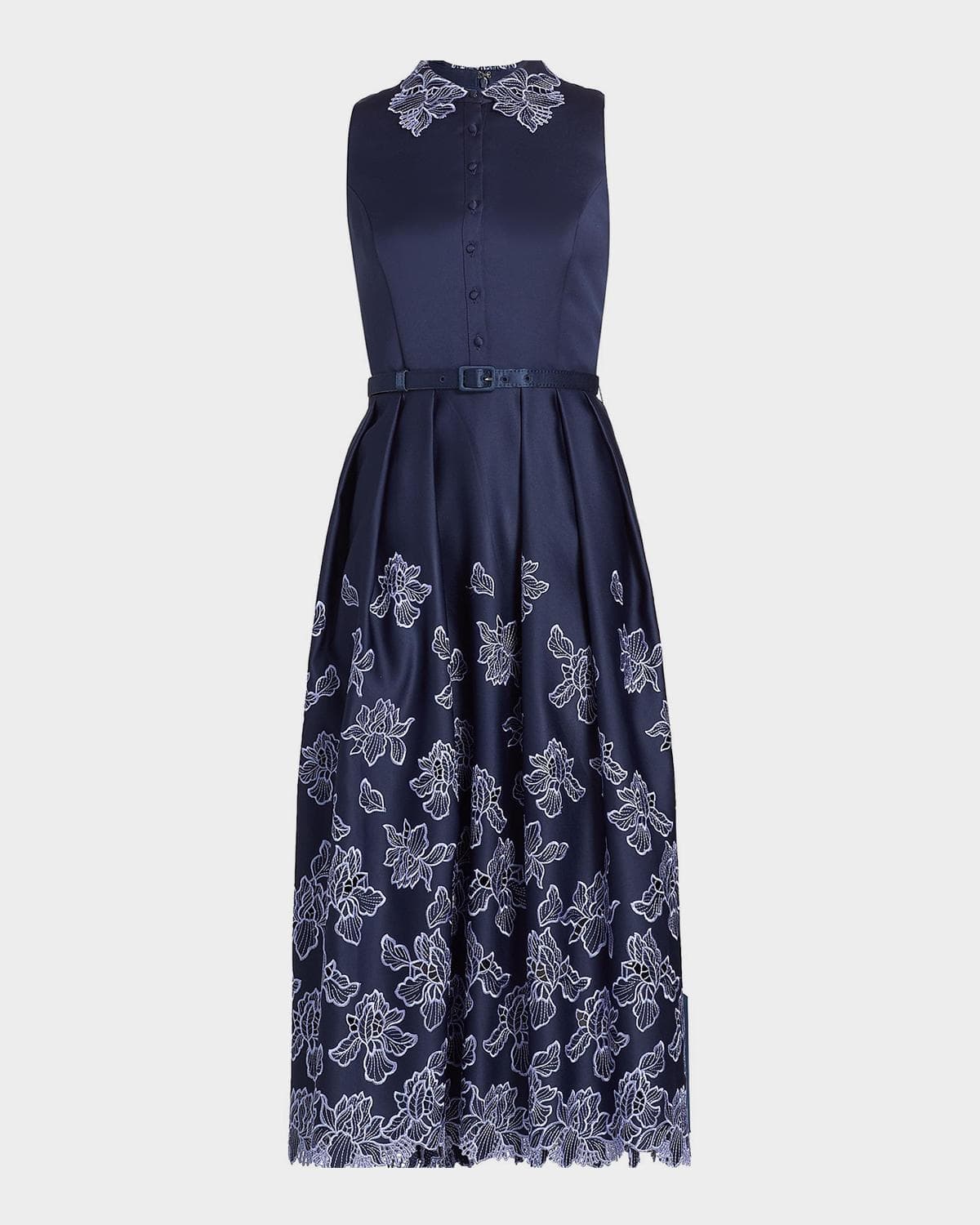 Theia Merisel Pleated Floral-Embroidered Midi Shirtdress