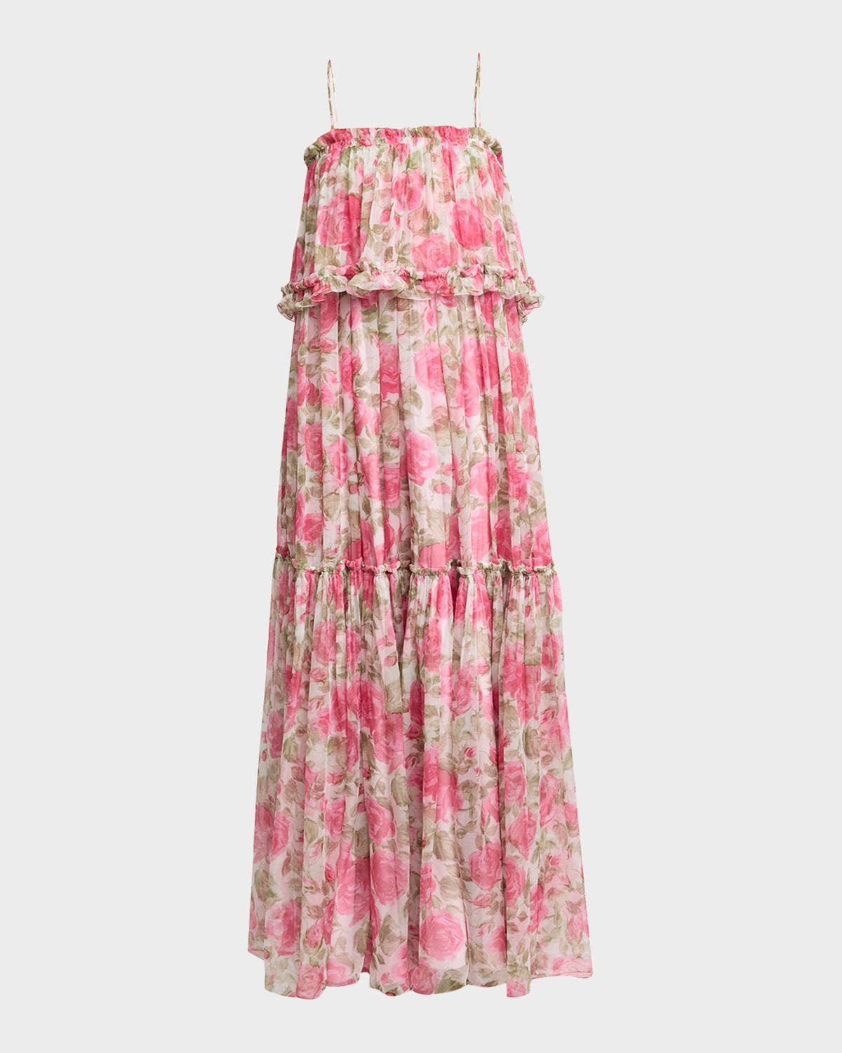 Chloe Rose Silk Chiffon Ruffle Tiered Maxi Dress