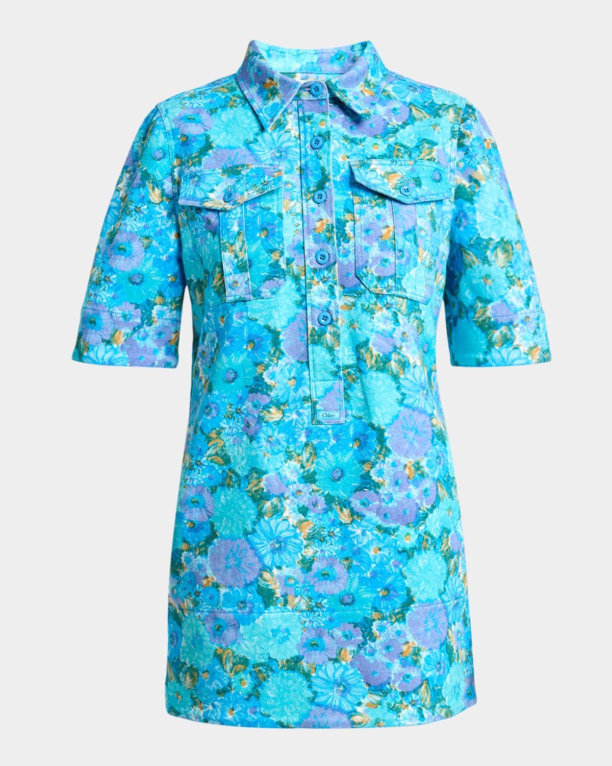 Chloe Floral Cotton Twill Short-Sleeve Mini Shirtdress