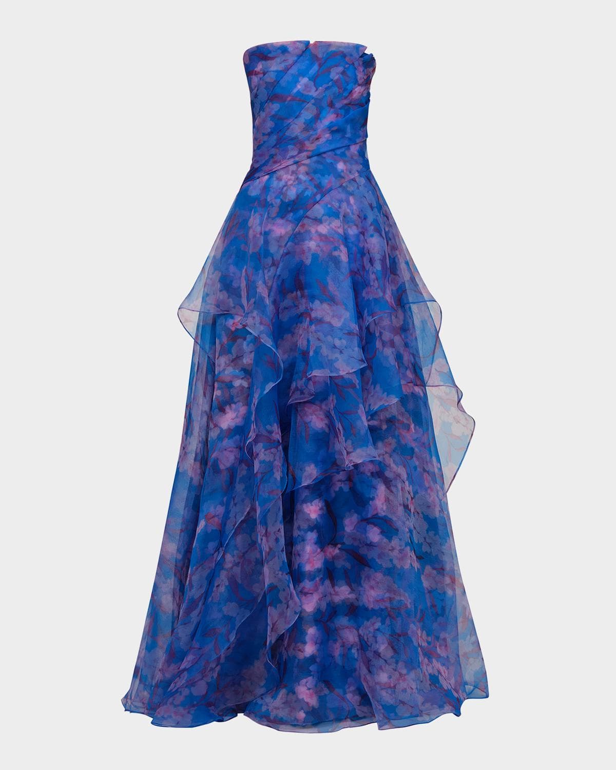 Theia Orelia Strapless Floral-Print Orgnaza Gown