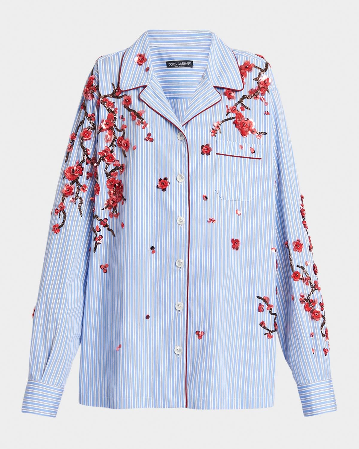 Dolce & Gabbana Cherry Blossom Embroidered Striped Pajama Shirt