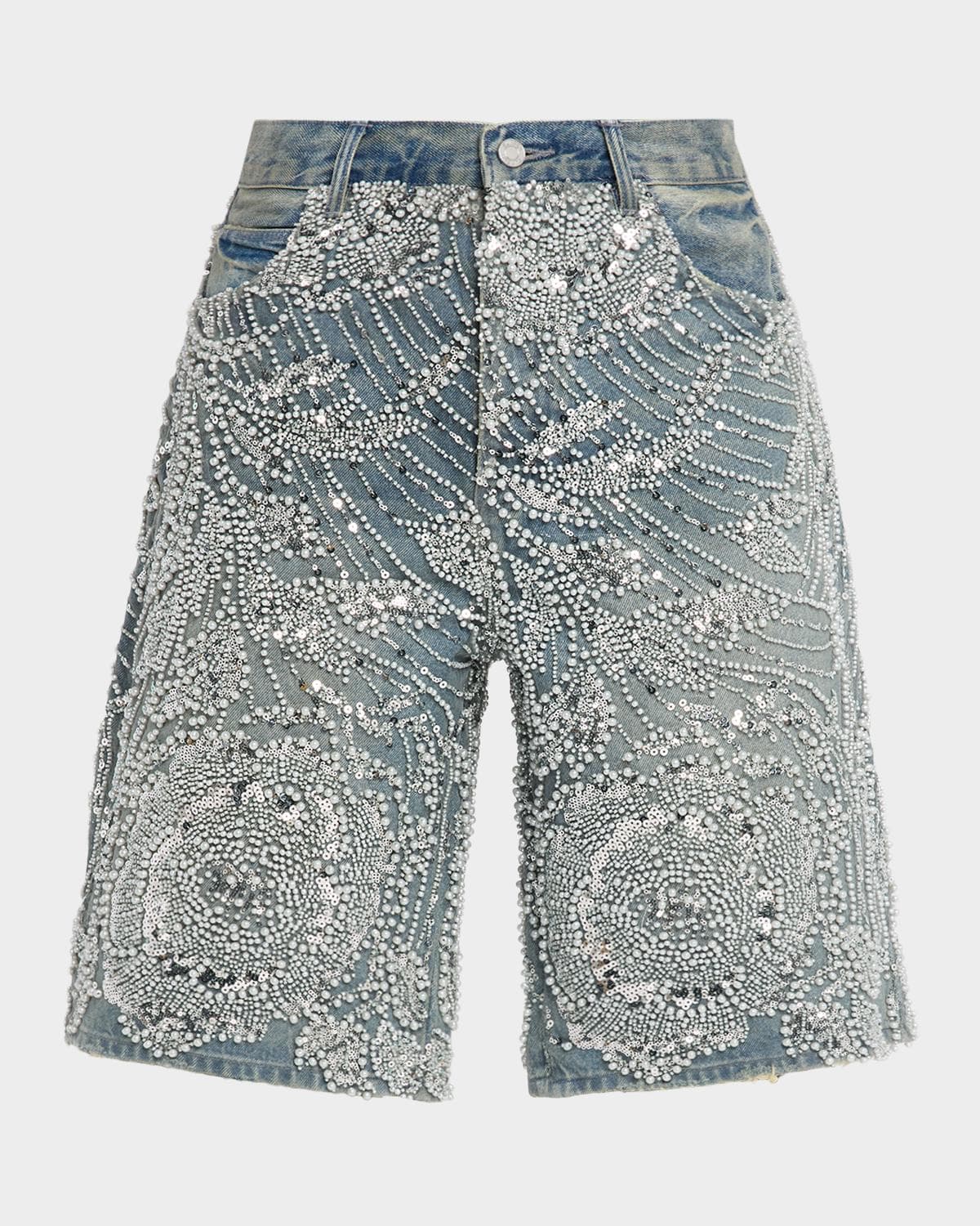 PURPLE Men's P070 Hand-Beaded & Crystal-Embellished Denim Shorts · 32