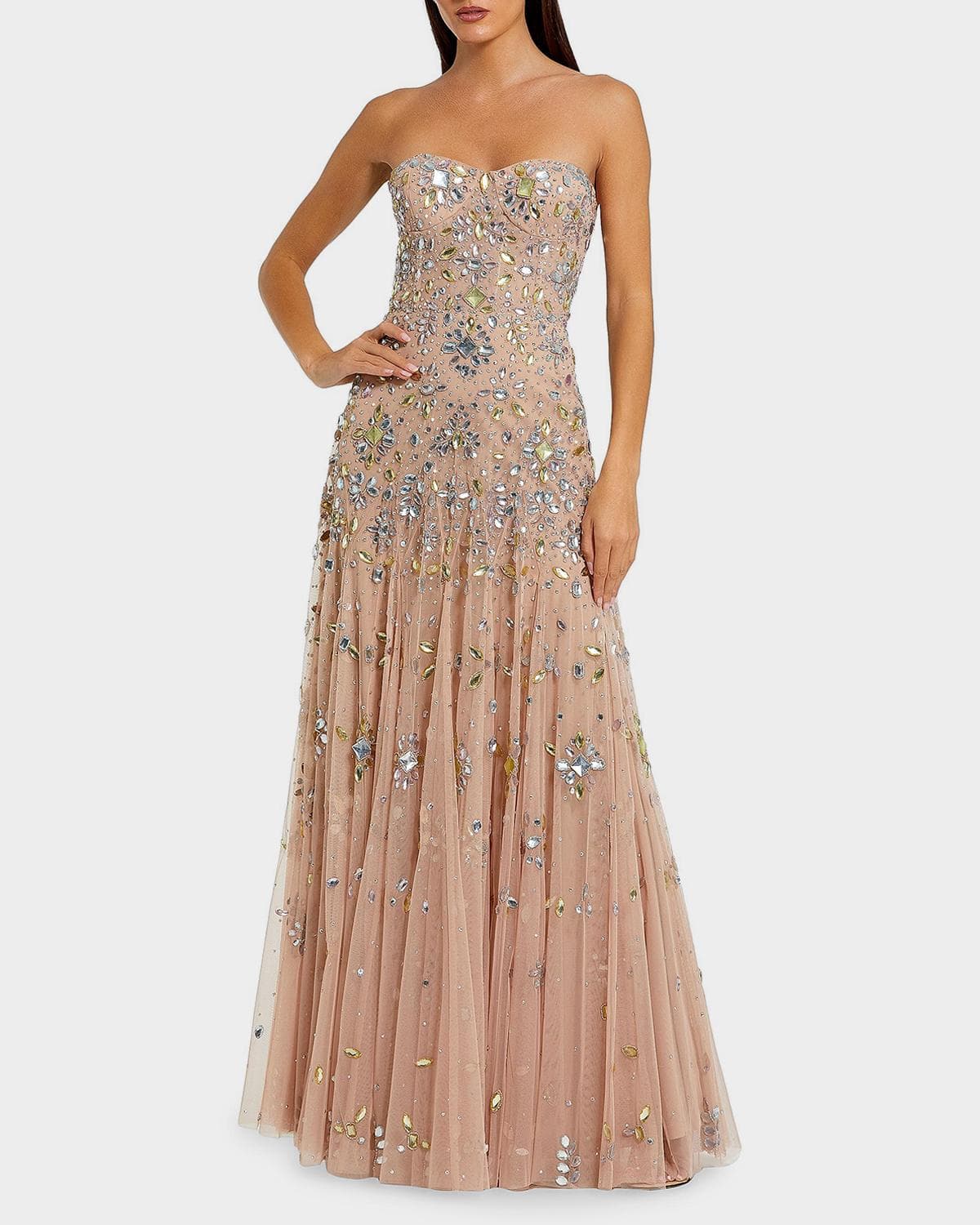 Mac Duggal Crystal-Embellished Mesh Strapless Gown
