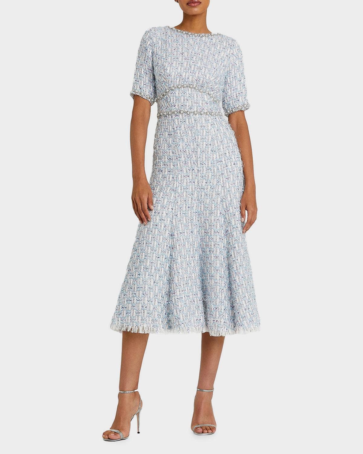 Mac Duggal Short-Sleeved Beaded Tweed Midi Dress